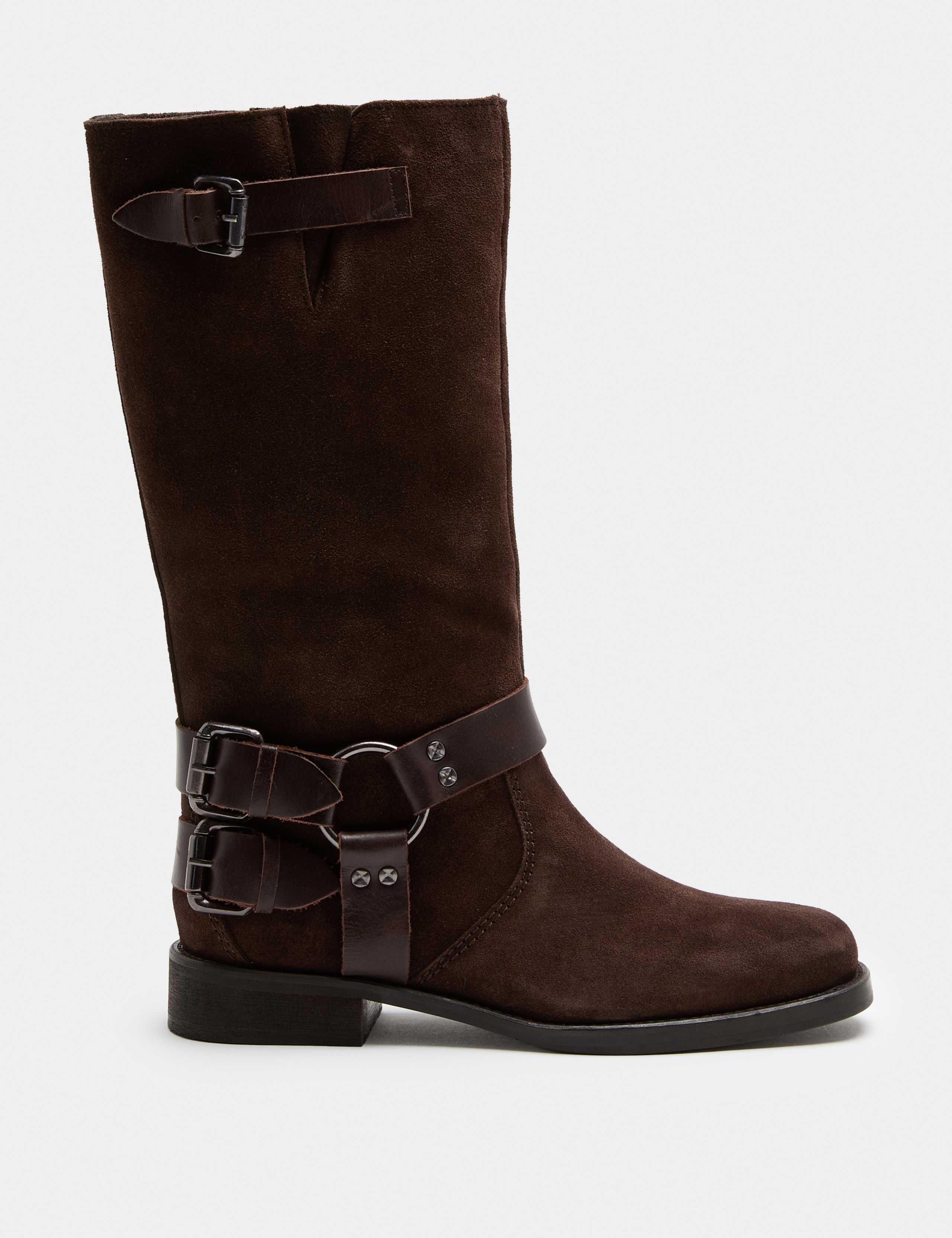 Suede Biker Buckle Block Heel Mid Calf Boots 2 of 3