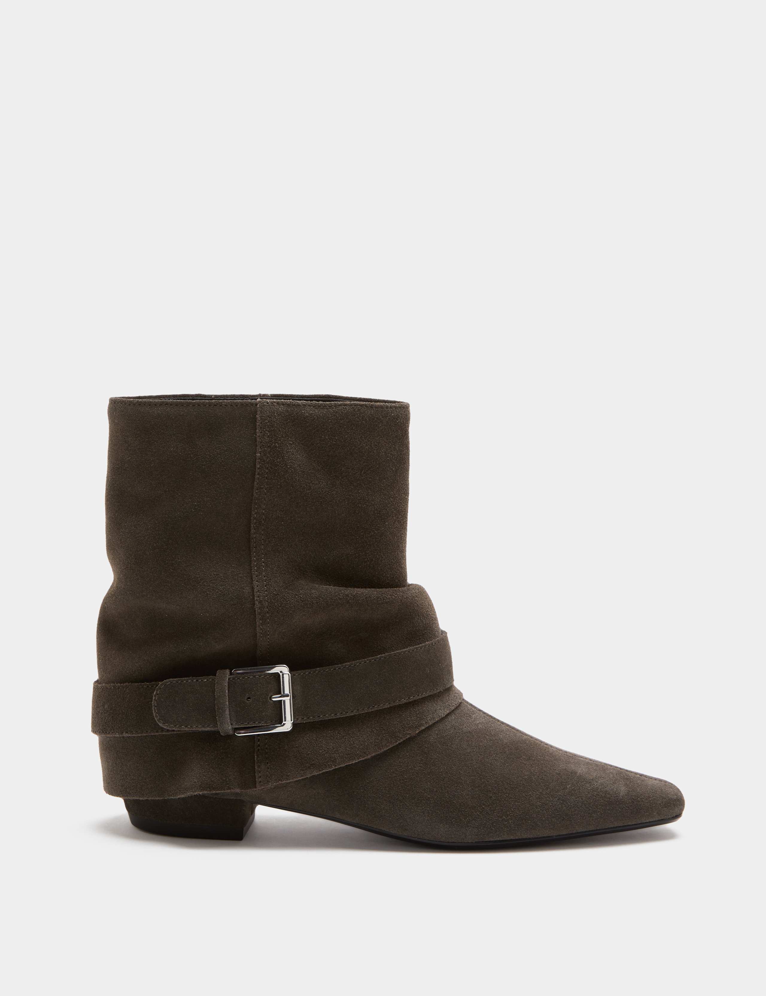 Suede Buckle Slouch Block Heel Ankle Boots 2 of 3