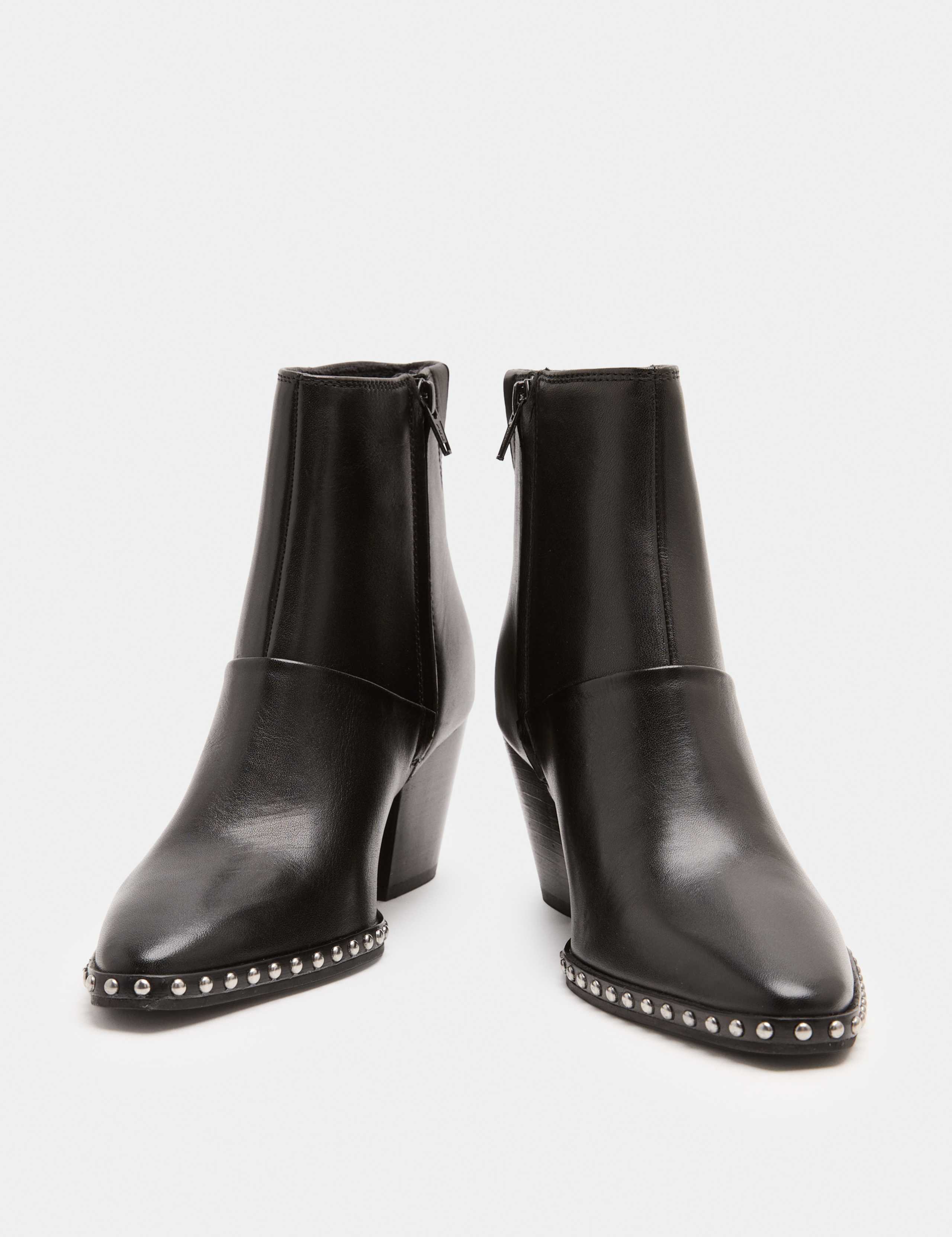Leather Studded Block Heel Pointed Toe Ankle Boots 1 of 3