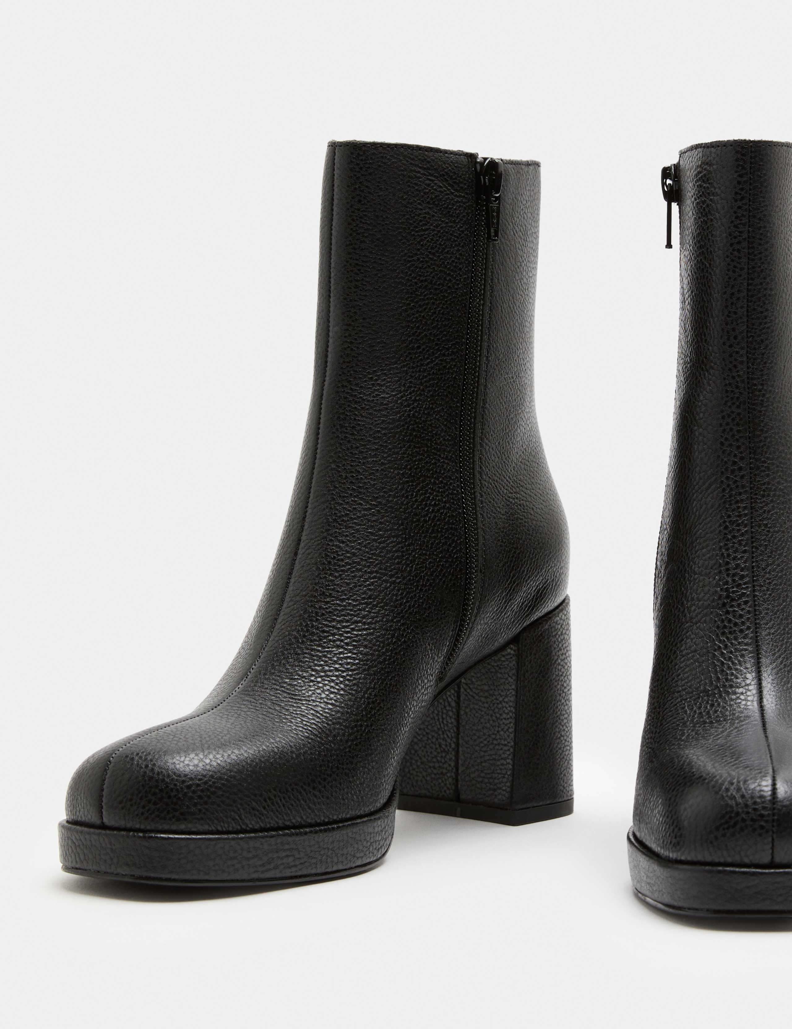 Leather Platform Block Heel Round Toe Ankle Boot 1 of 3