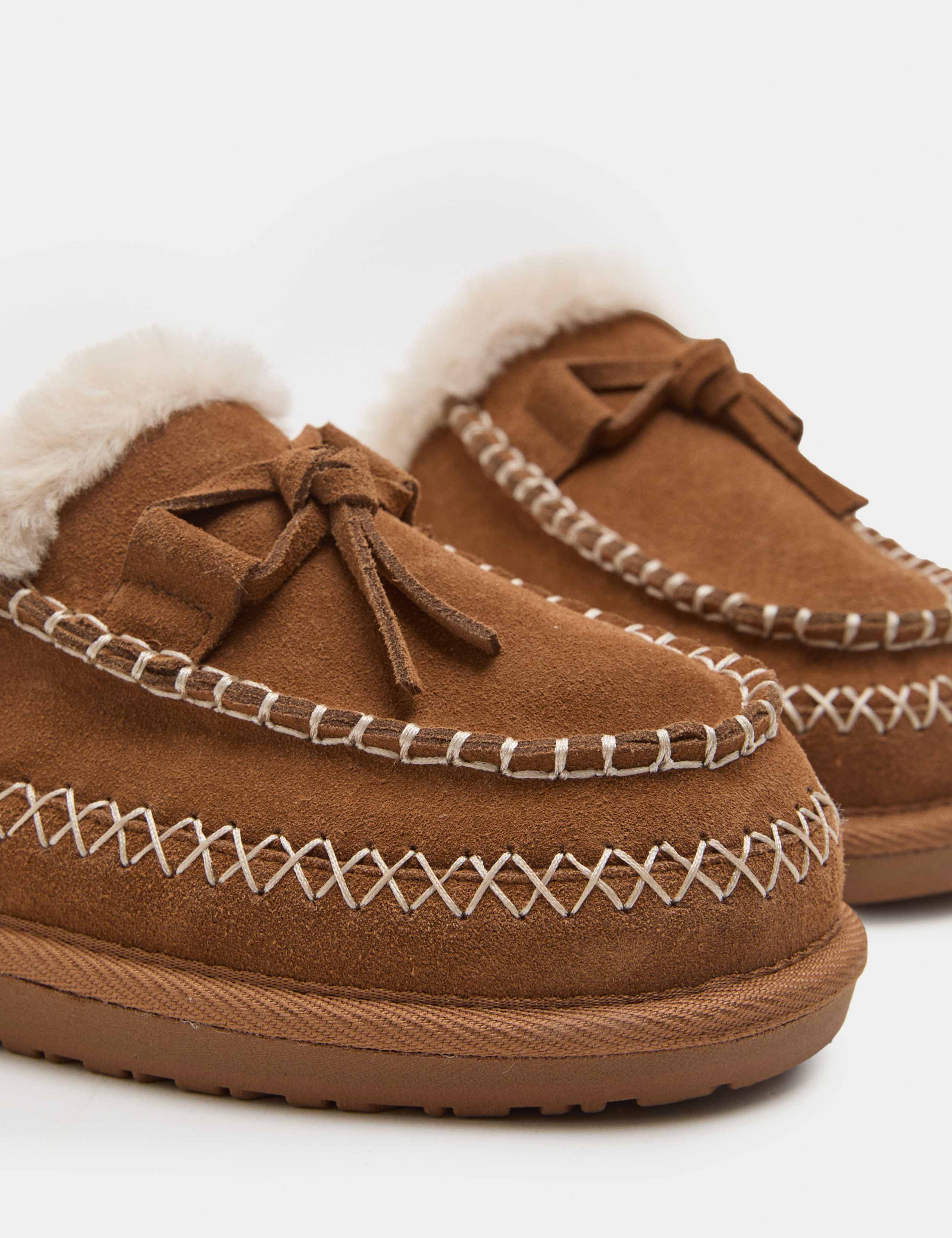 Suede Faux Fur Lined Stitch Detail Clog Slippers 3 of 3