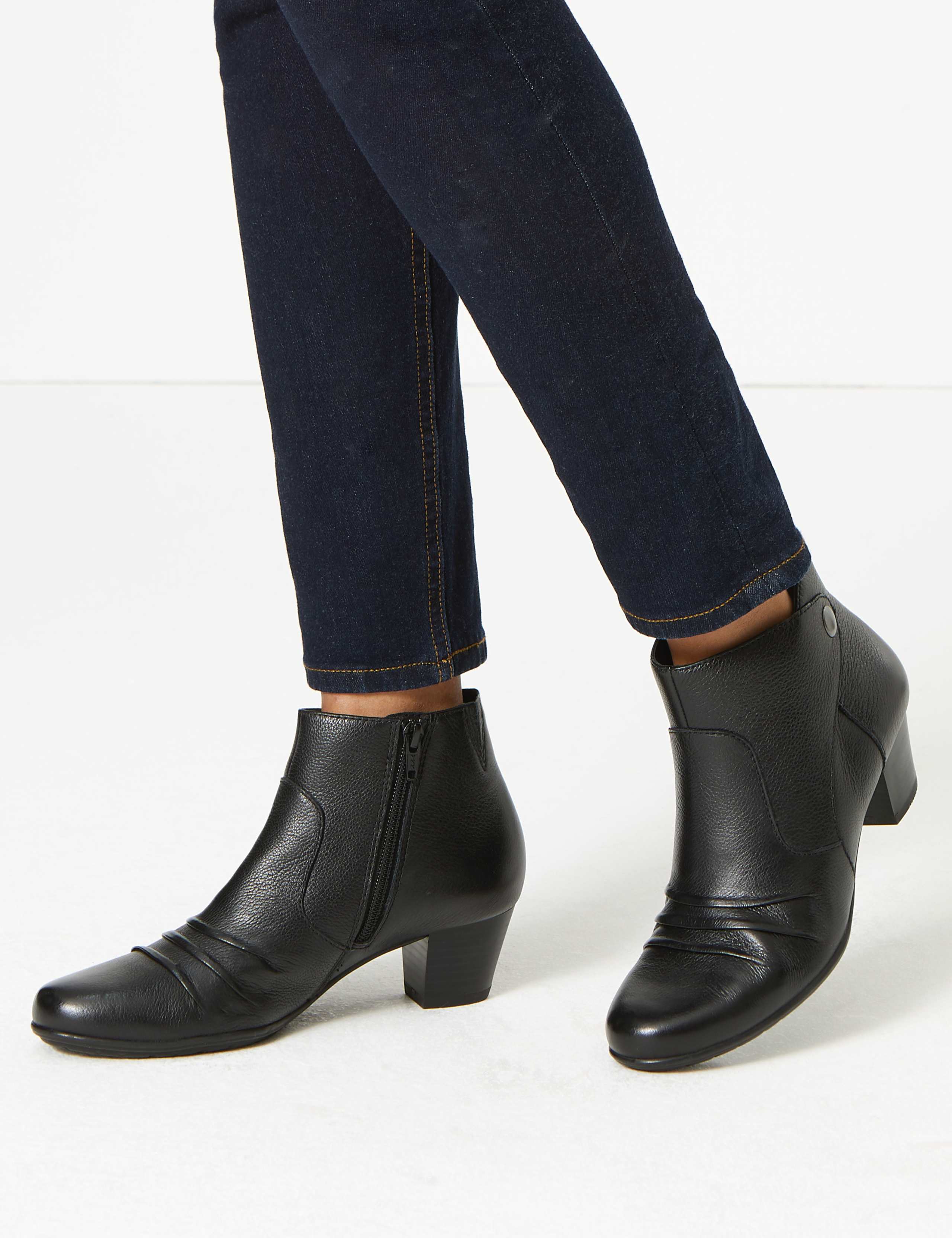 Wide Fit Leather Ruched Ankle Boots 1 of 6