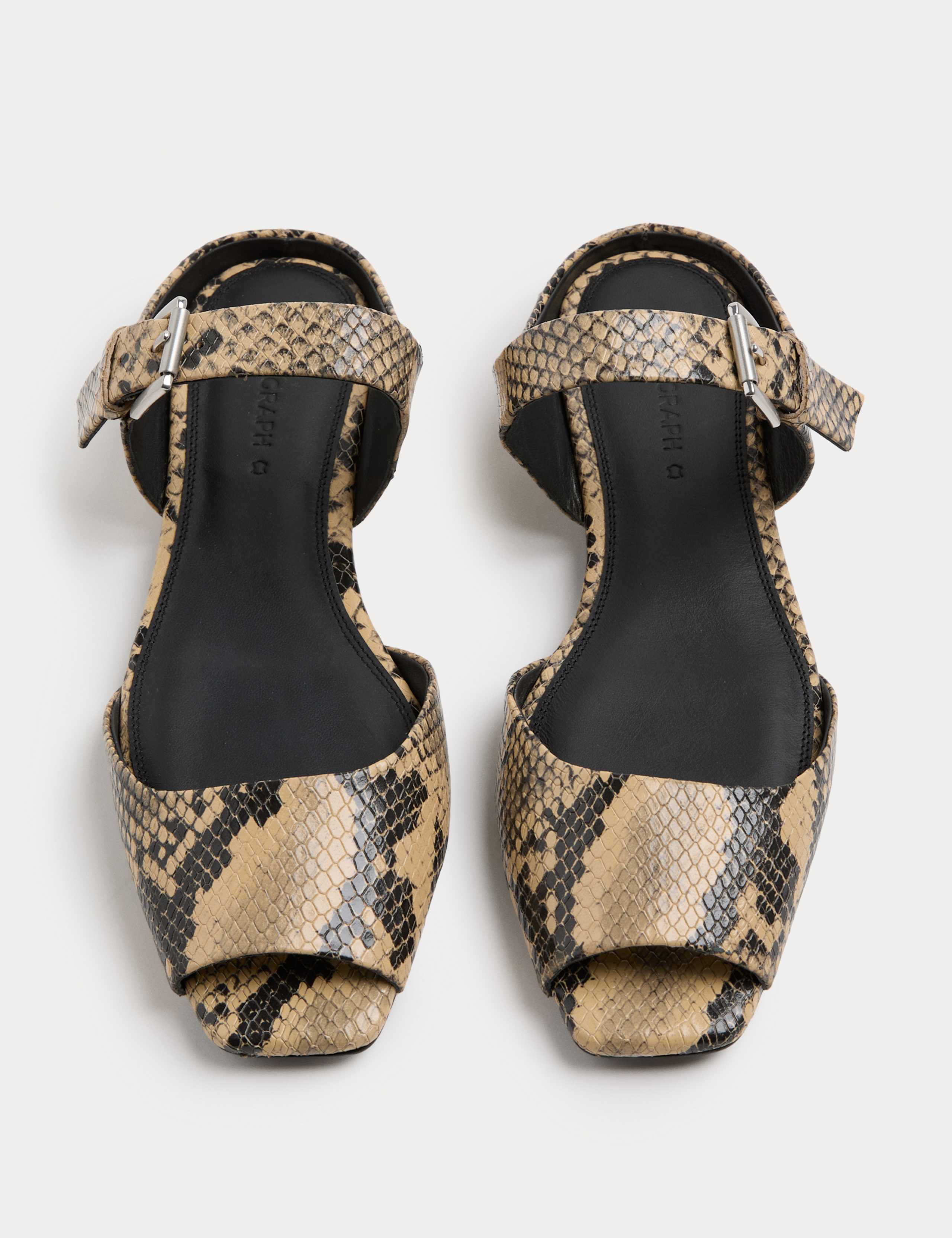 Leather Snake Print Buckle Flat Sandals 2 of 3