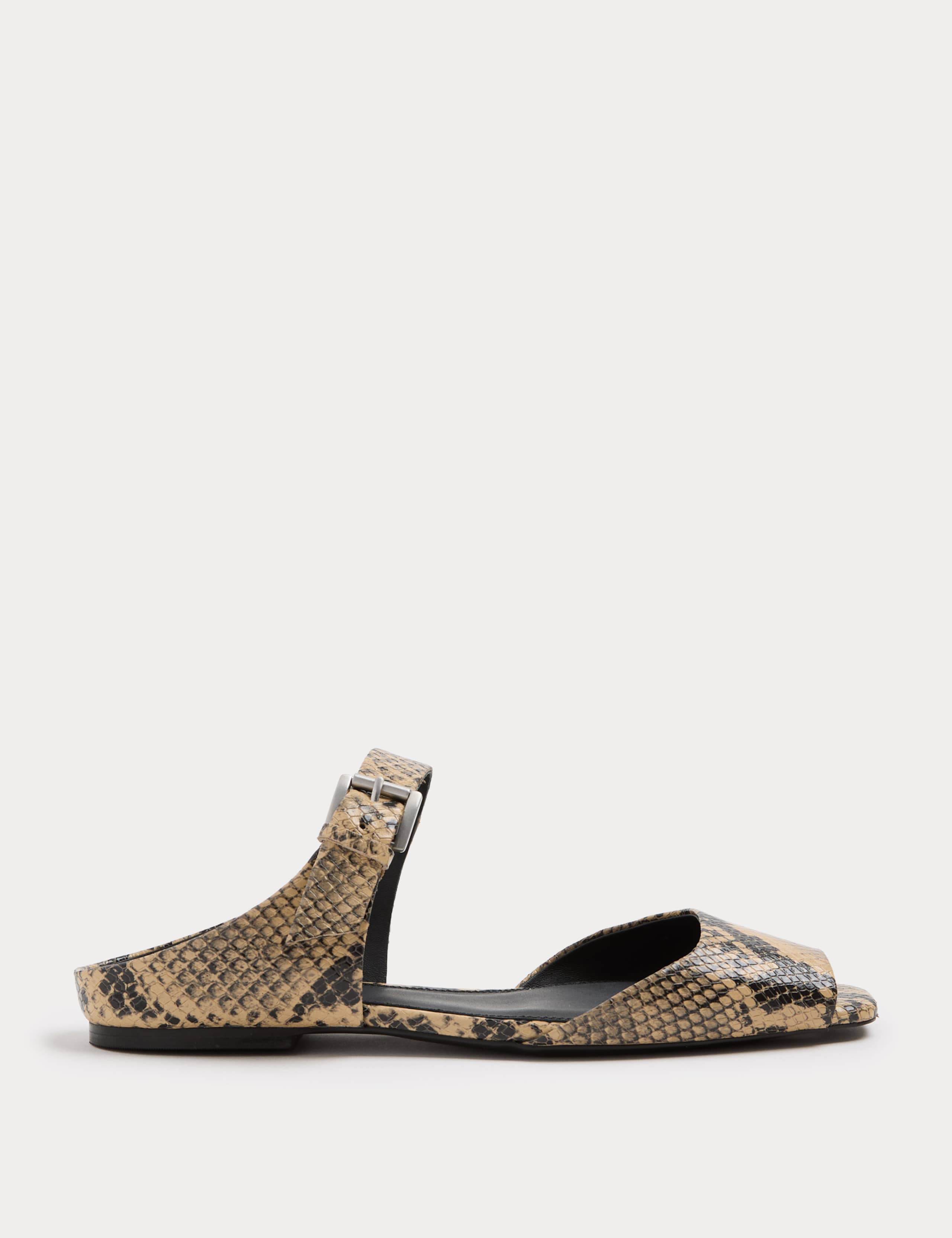 Leather Snake Print Buckle Flat Sandals 1 of 3