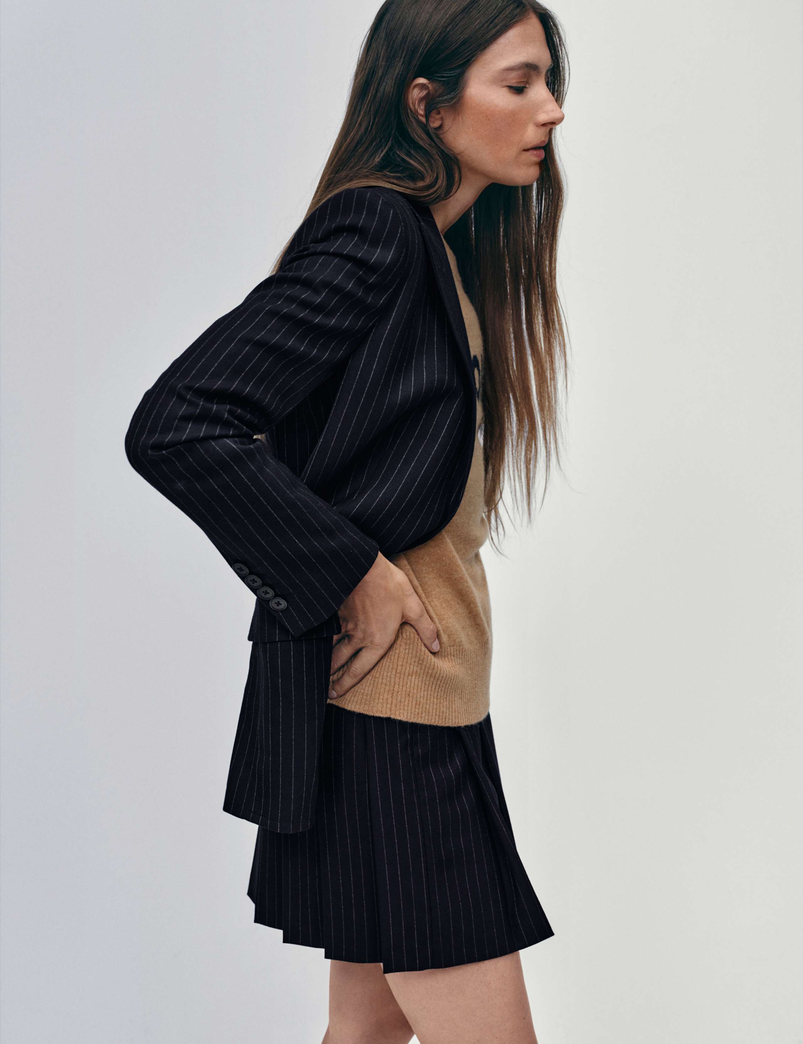 Wool-Blend Pinstripe Pleated Mini Skirt 1 of 7