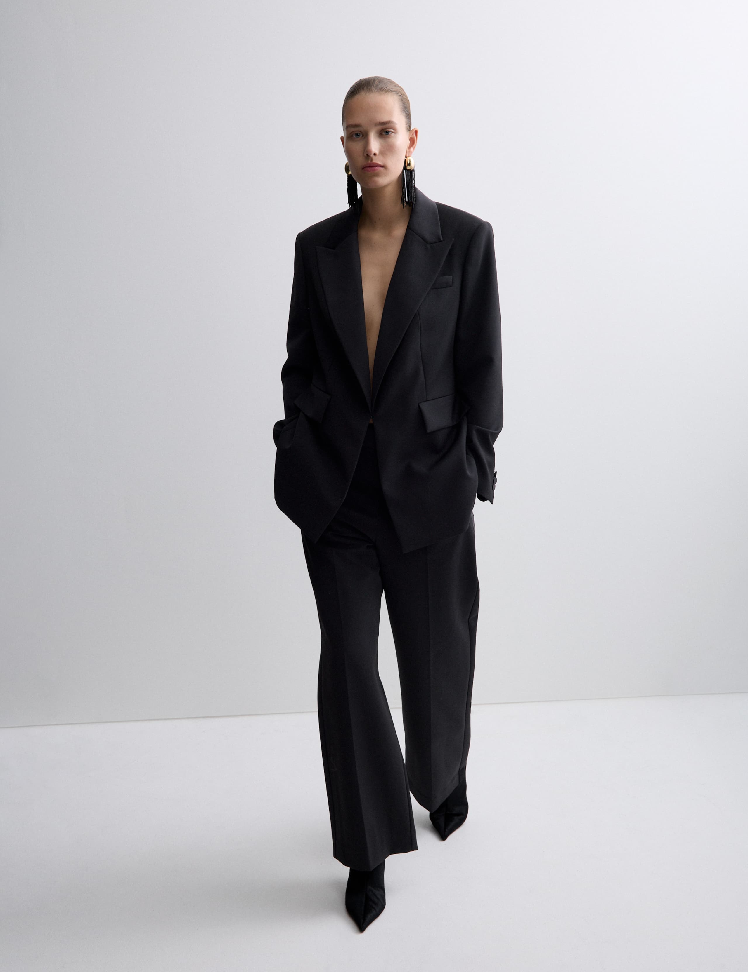 Wool Blend Satin Trim Wide Leg Trousers 7 of 9