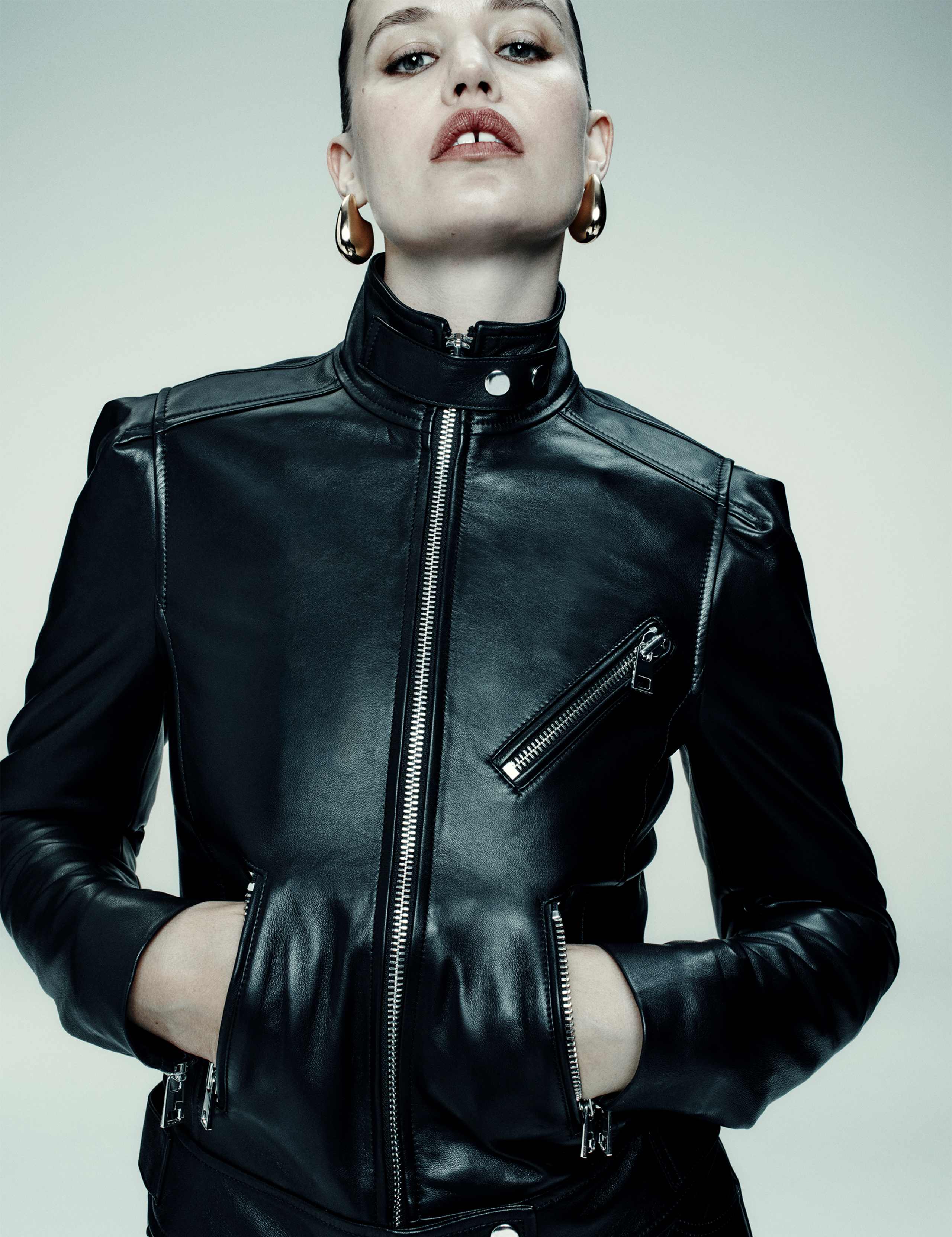 Leather Funnel Neck Biker Jacket 1 of 9