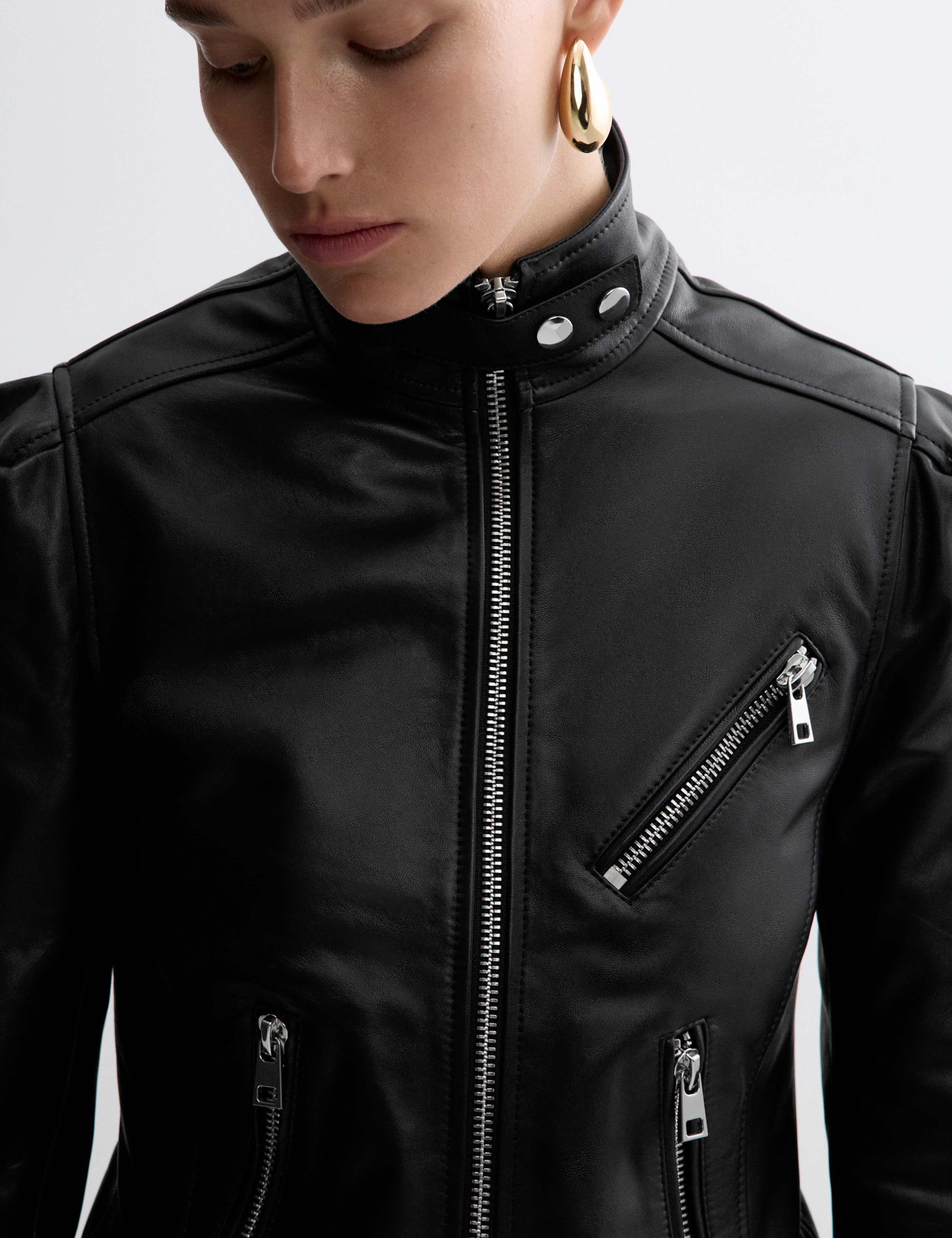 Leather Funnel Neck Biker Jacket 5 of 9
