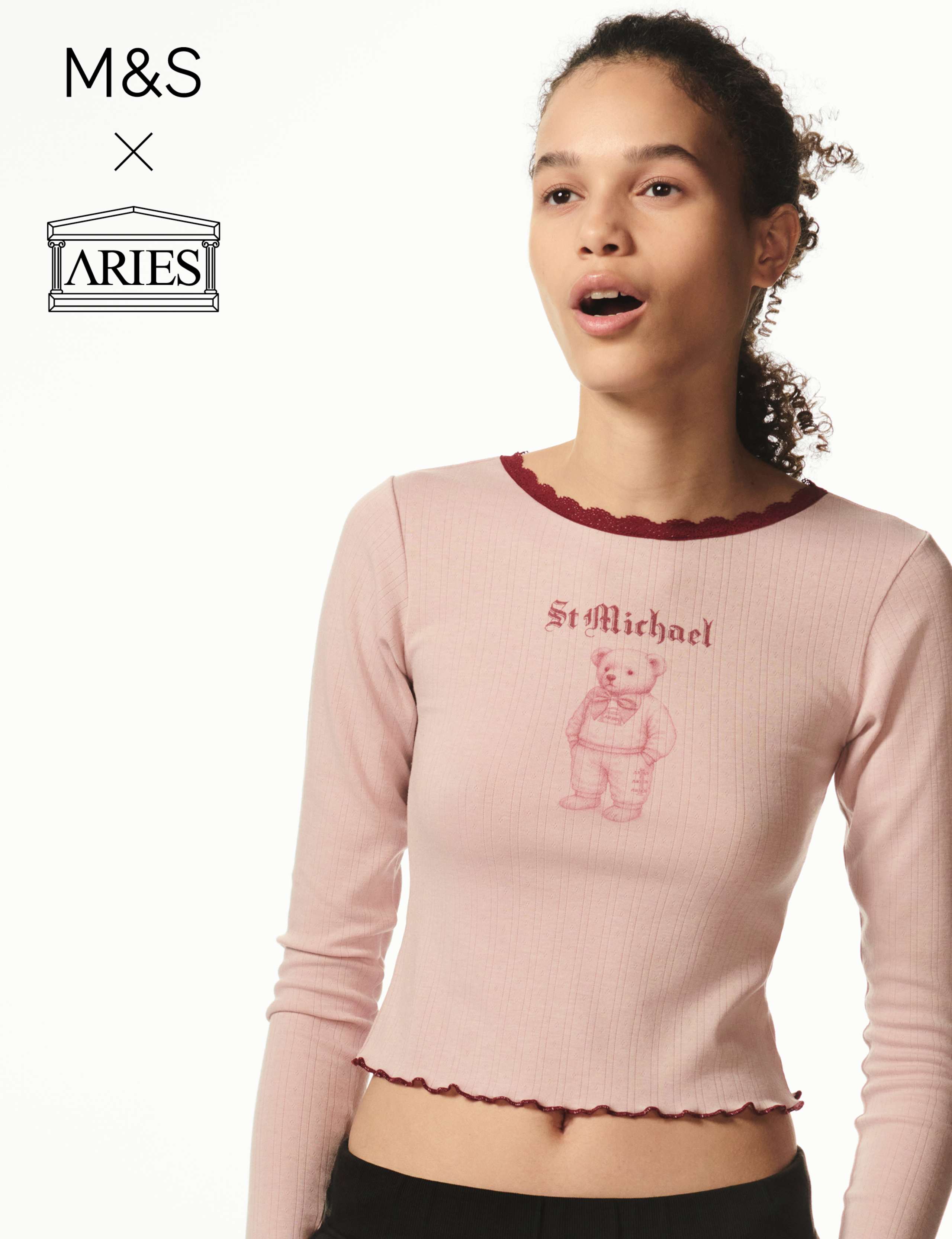 Printed Pointelle Fitted Lace Trim Crop Top 1 of 2
