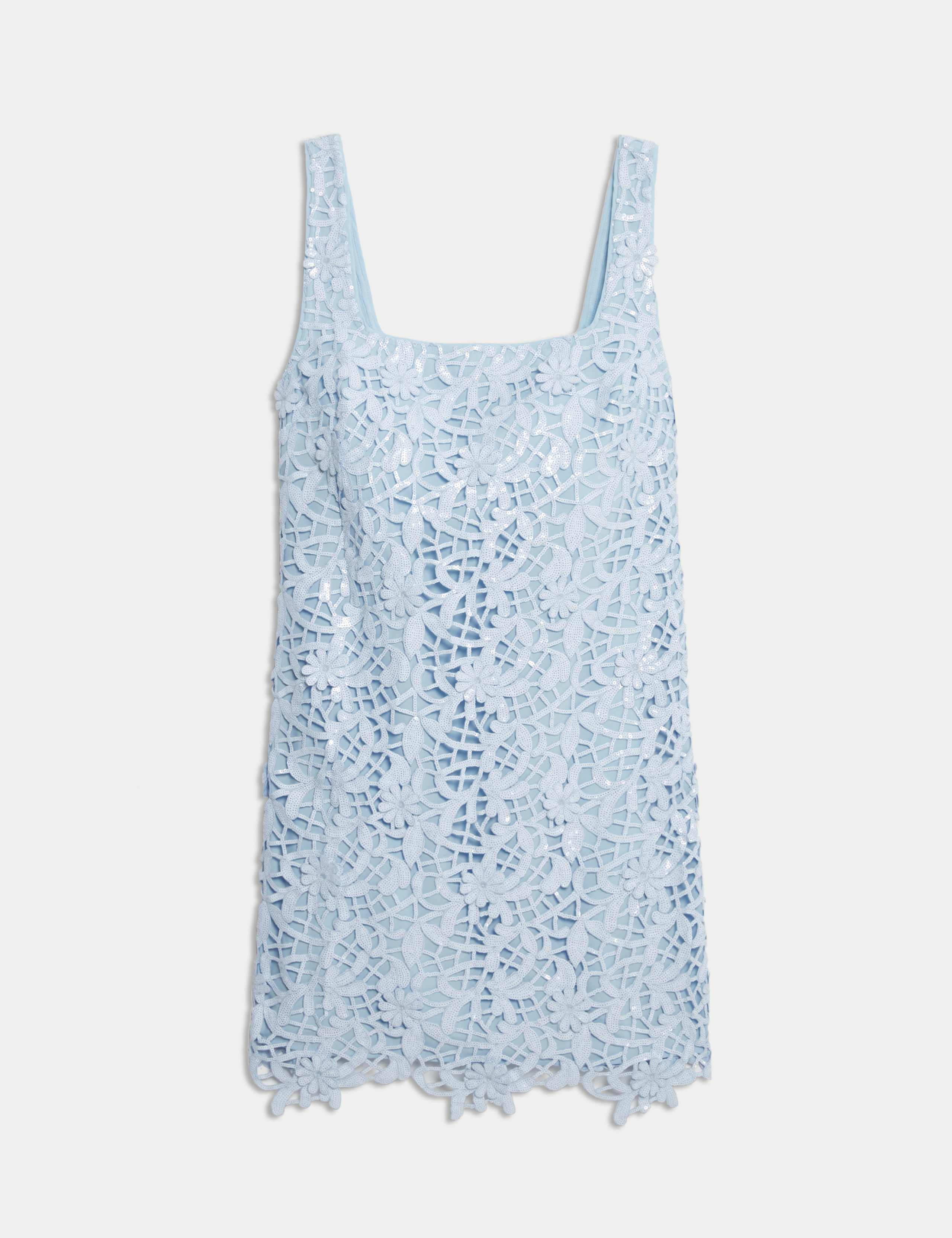 Floral Sequin Square Neck Cutwork Detail Mini Column Dress 2 of 6