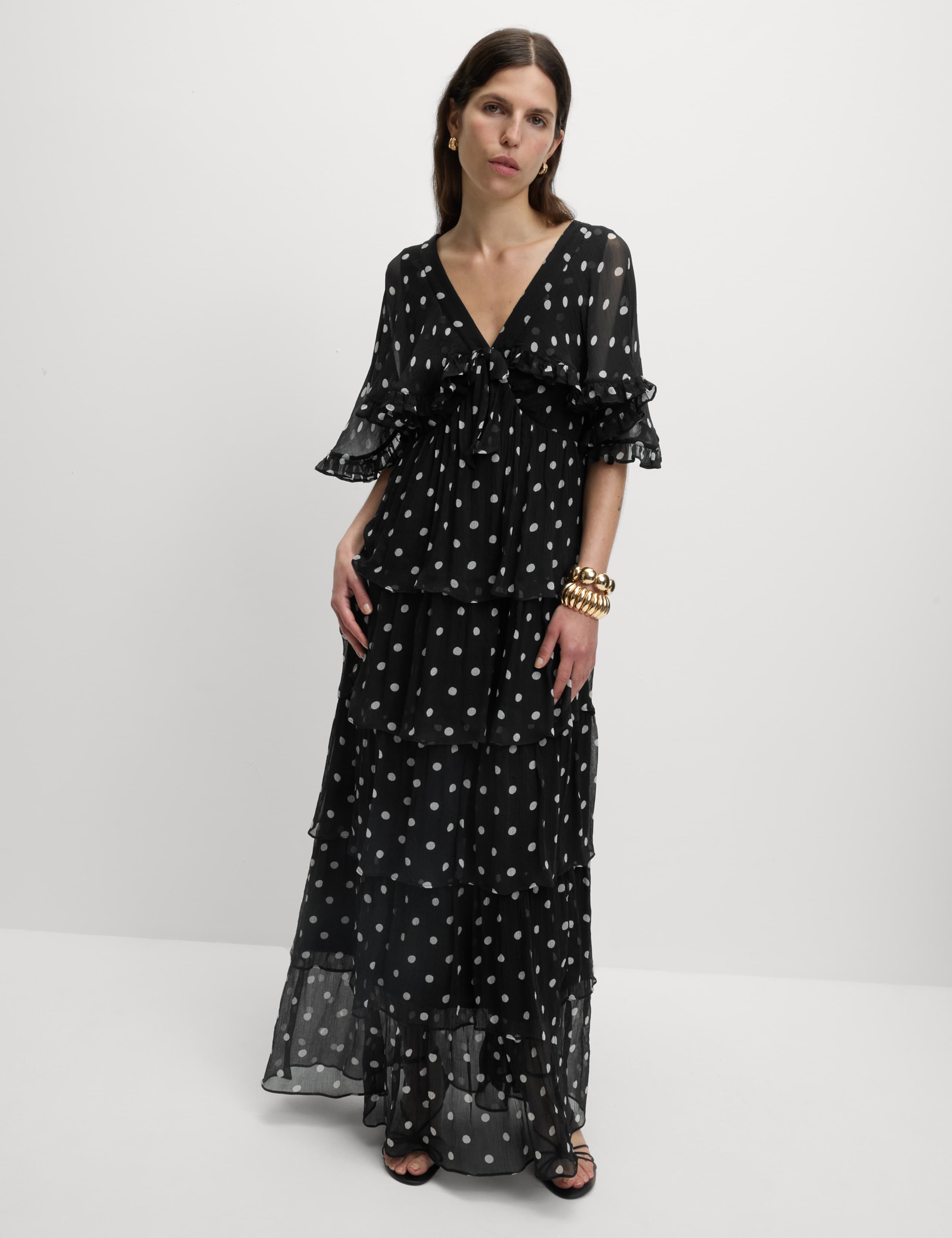 Polka Dot V-Neck Frill Detail Maxi Dress 3 of 6