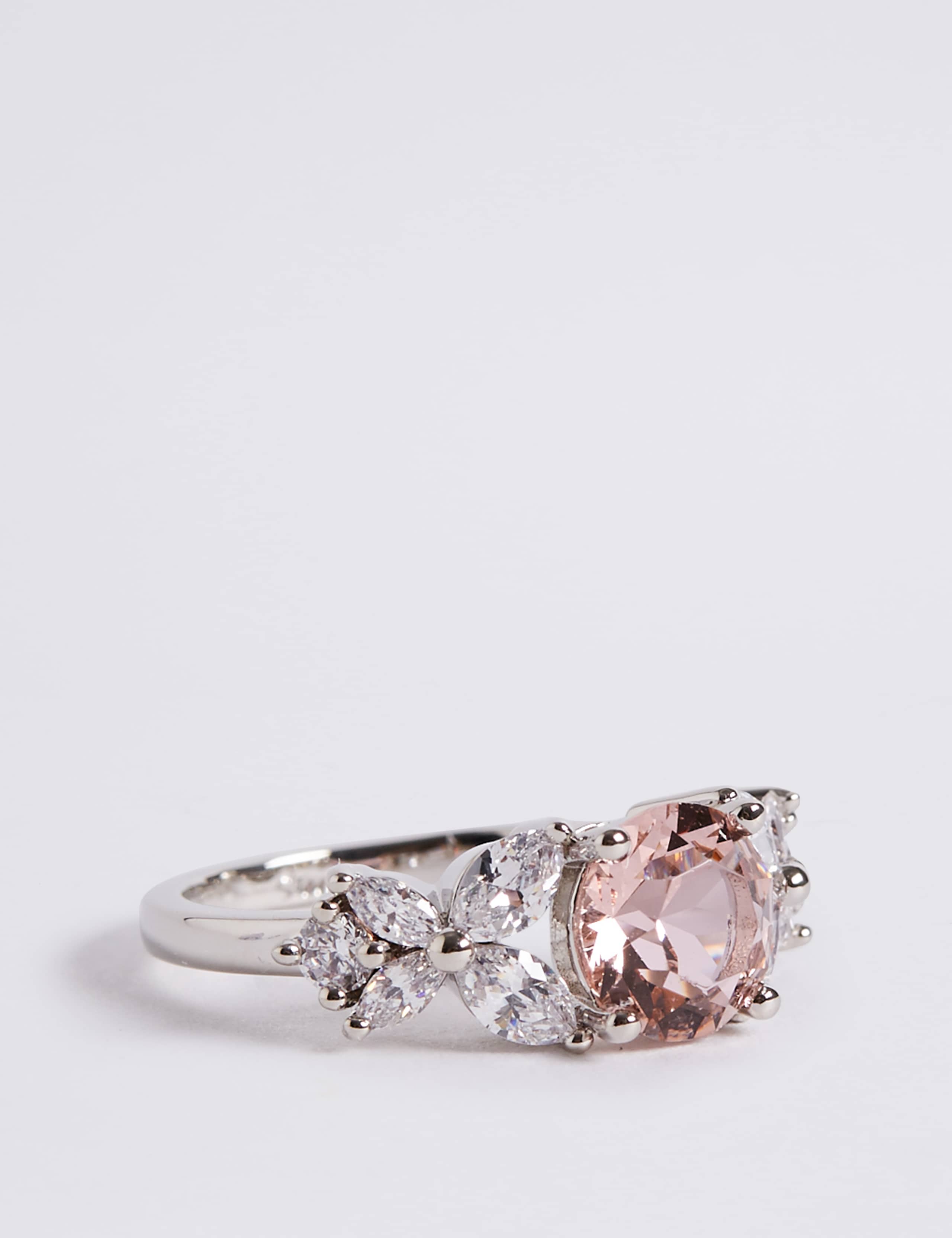 Platinum Plated Diamanté Rose Ring 1 of 3