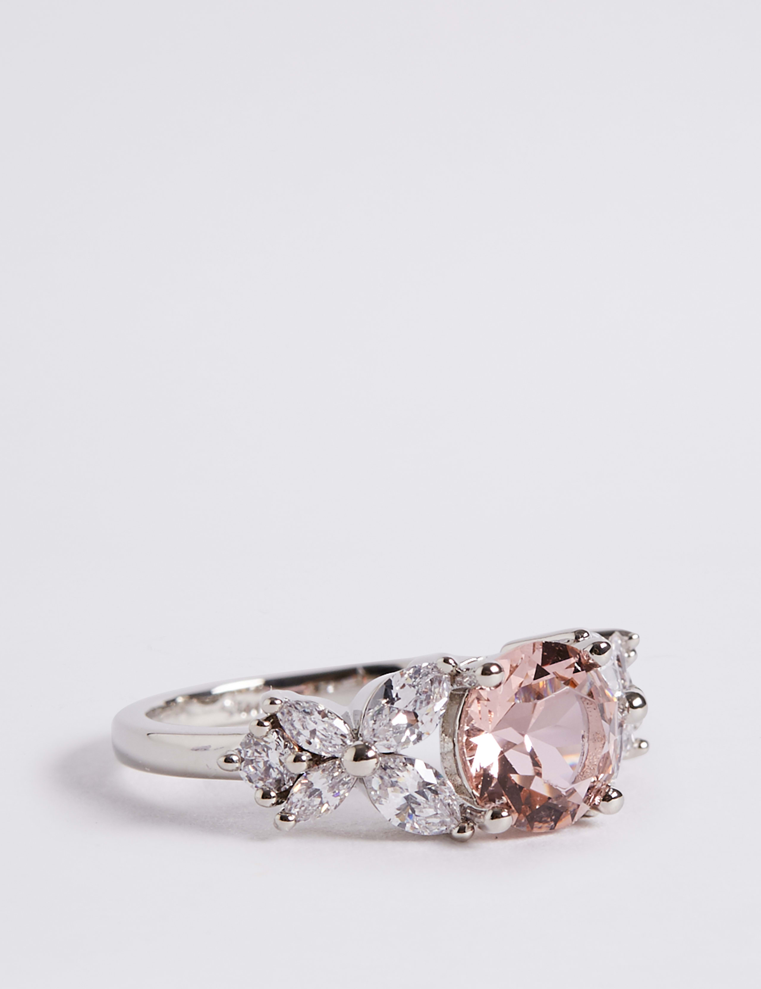 Platinum Plated Diamanté Rose Ring 2 of 3