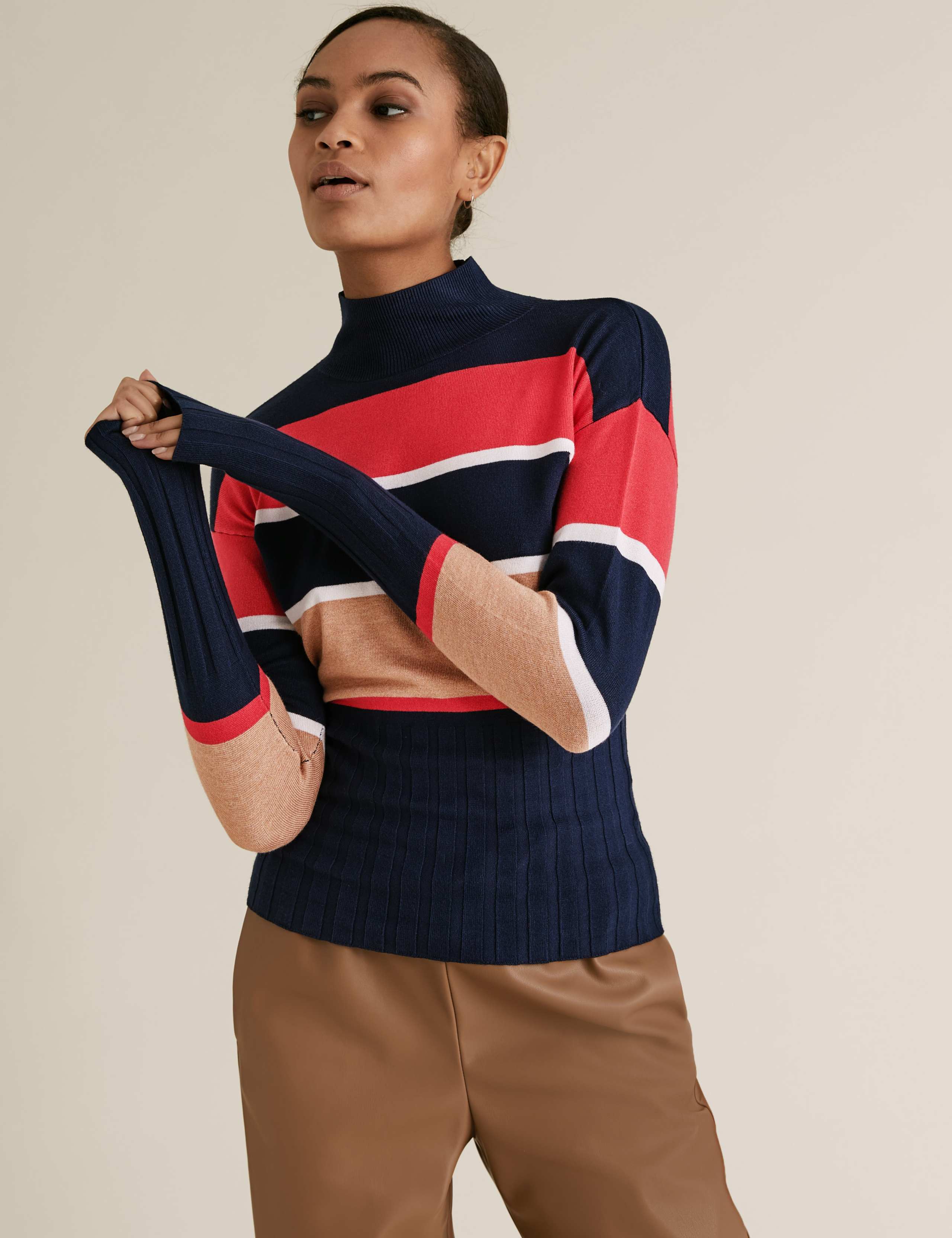 Knitted Striped Funnel Neck Fitted Jumper 1 of 5