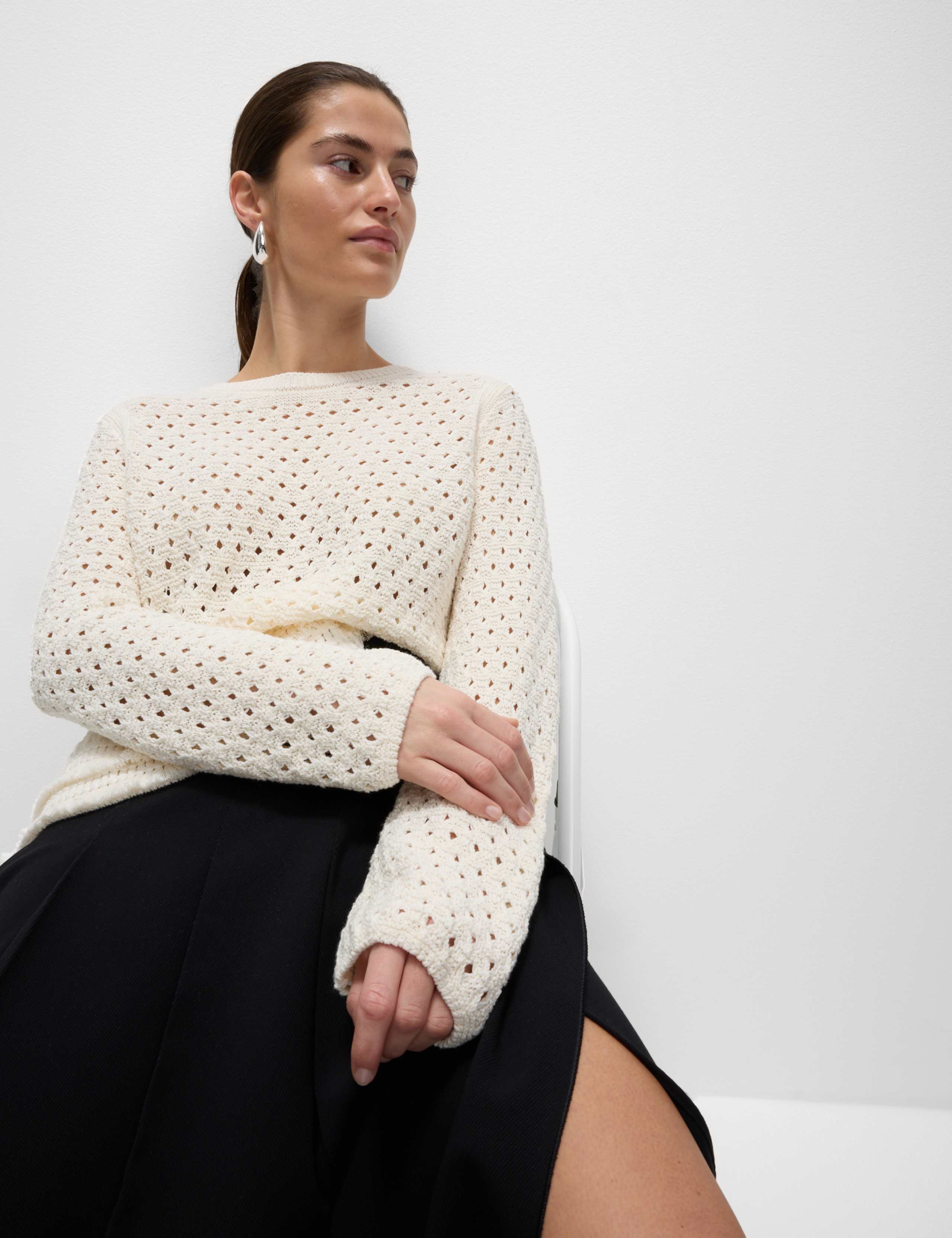 Cotton Blend Textured Crew Neck Fringe Jumper 4 of 5