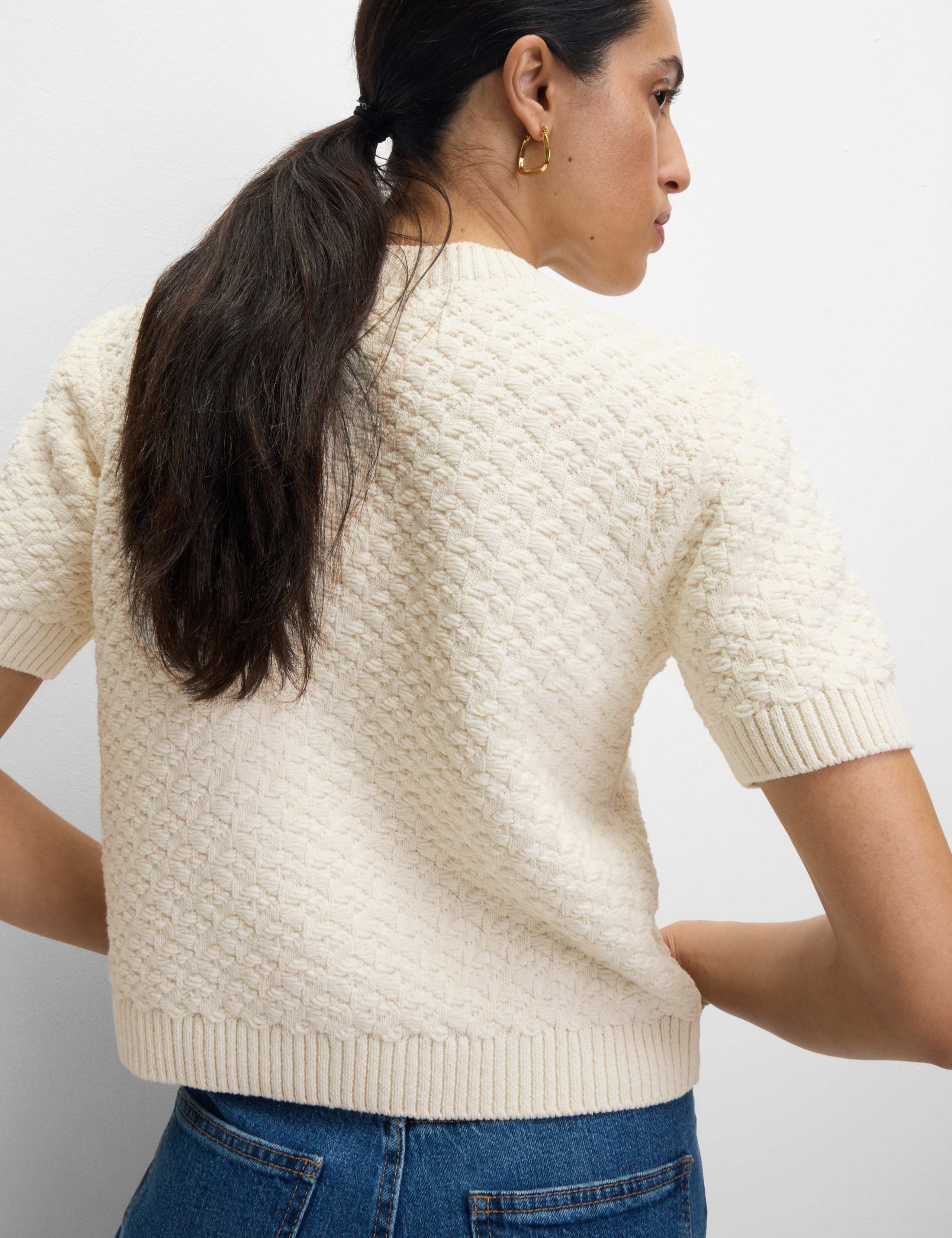 Cotton Blend Textured Button Front Cropped Cardigan 5 of 8