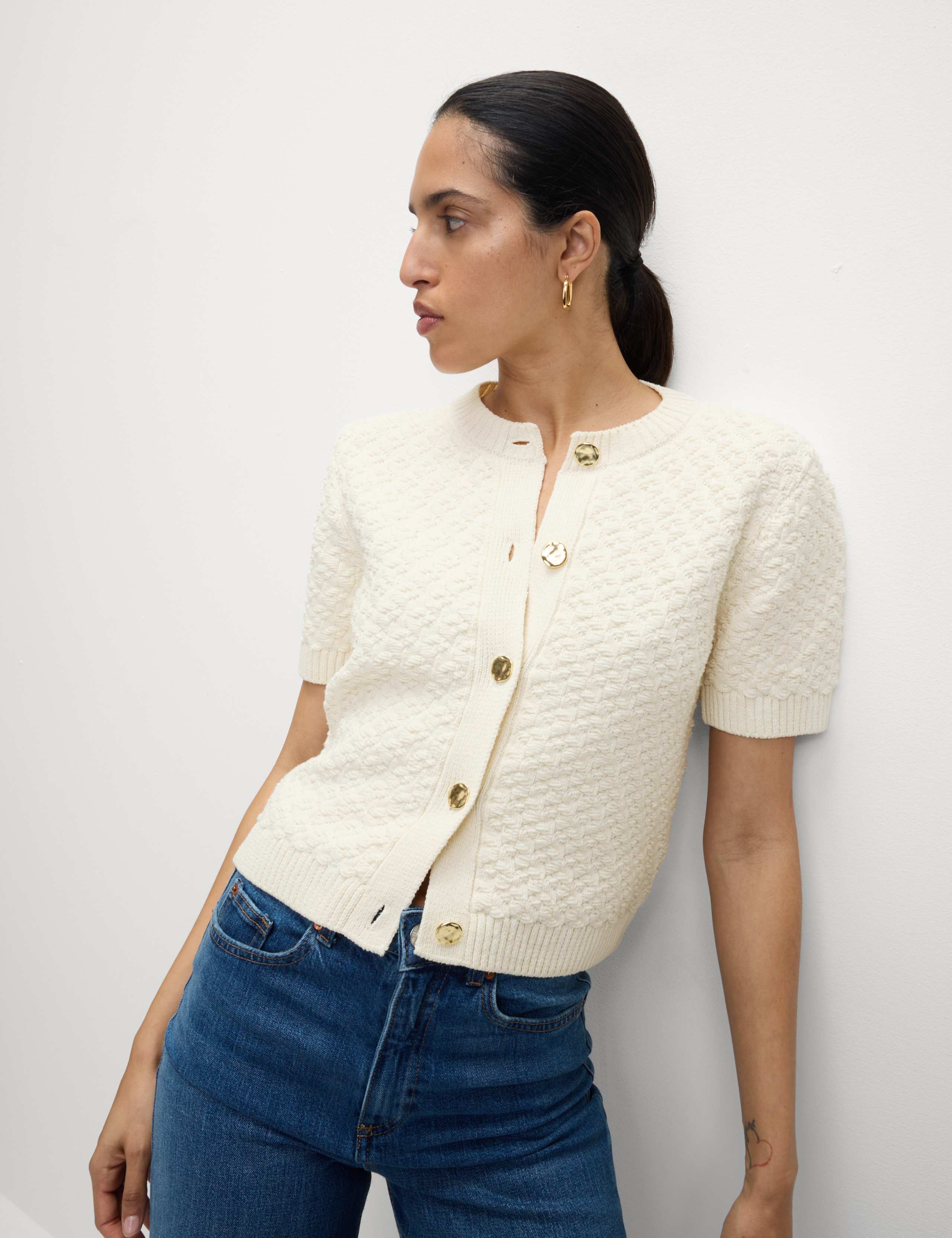 Cotton Blend Textured Button Front Cropped Cardigan 6 of 8