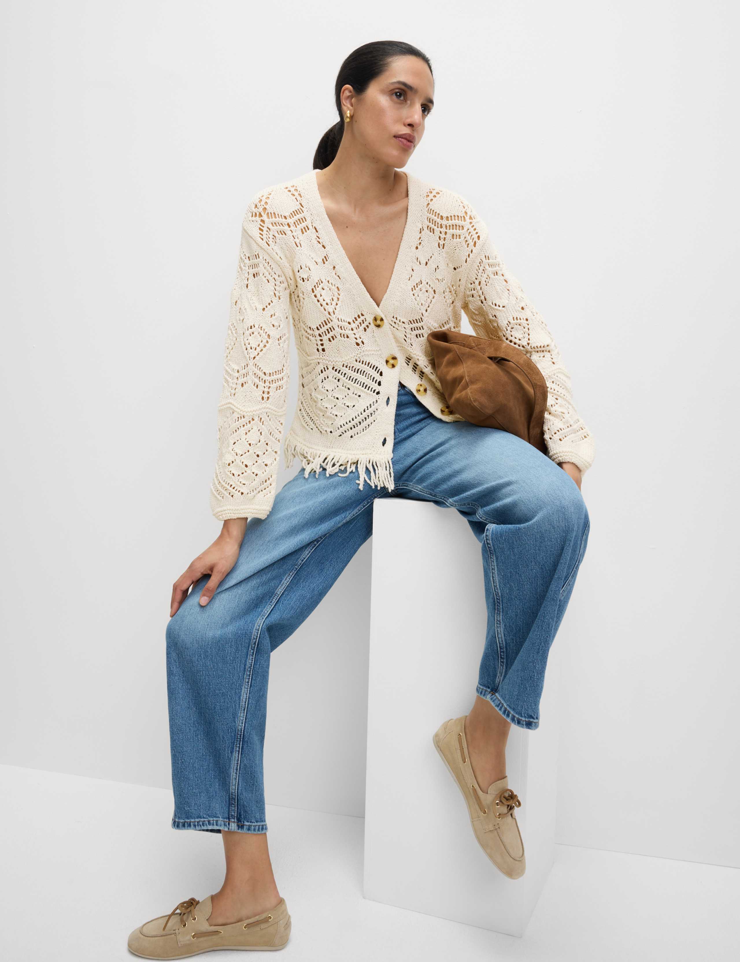 Cotton Blend Knitted V-Neck Fringe Cropped Cardigan 3 of 7