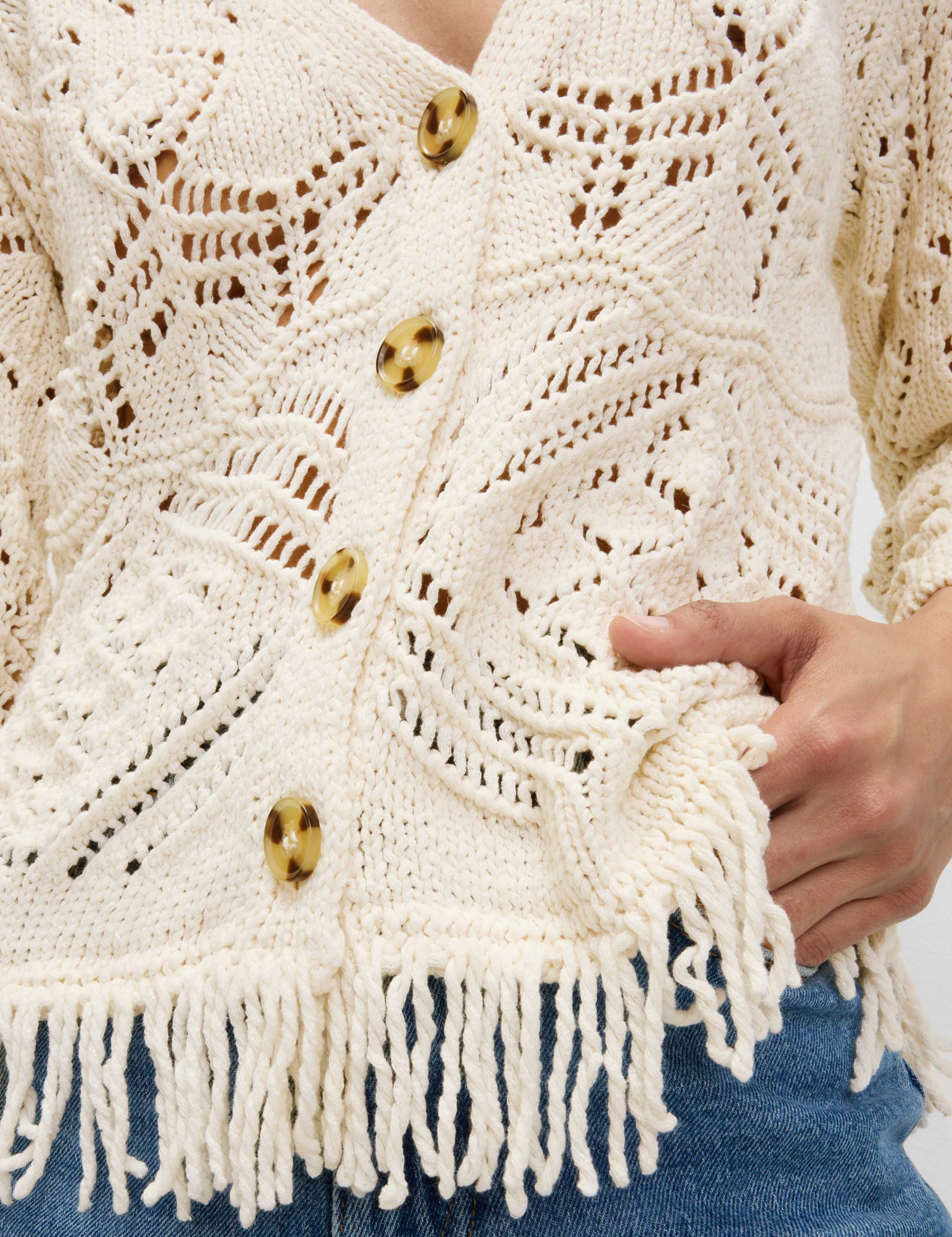 Cotton Blend Knitted V-Neck Fringe Cropped Cardigan 5 of 7