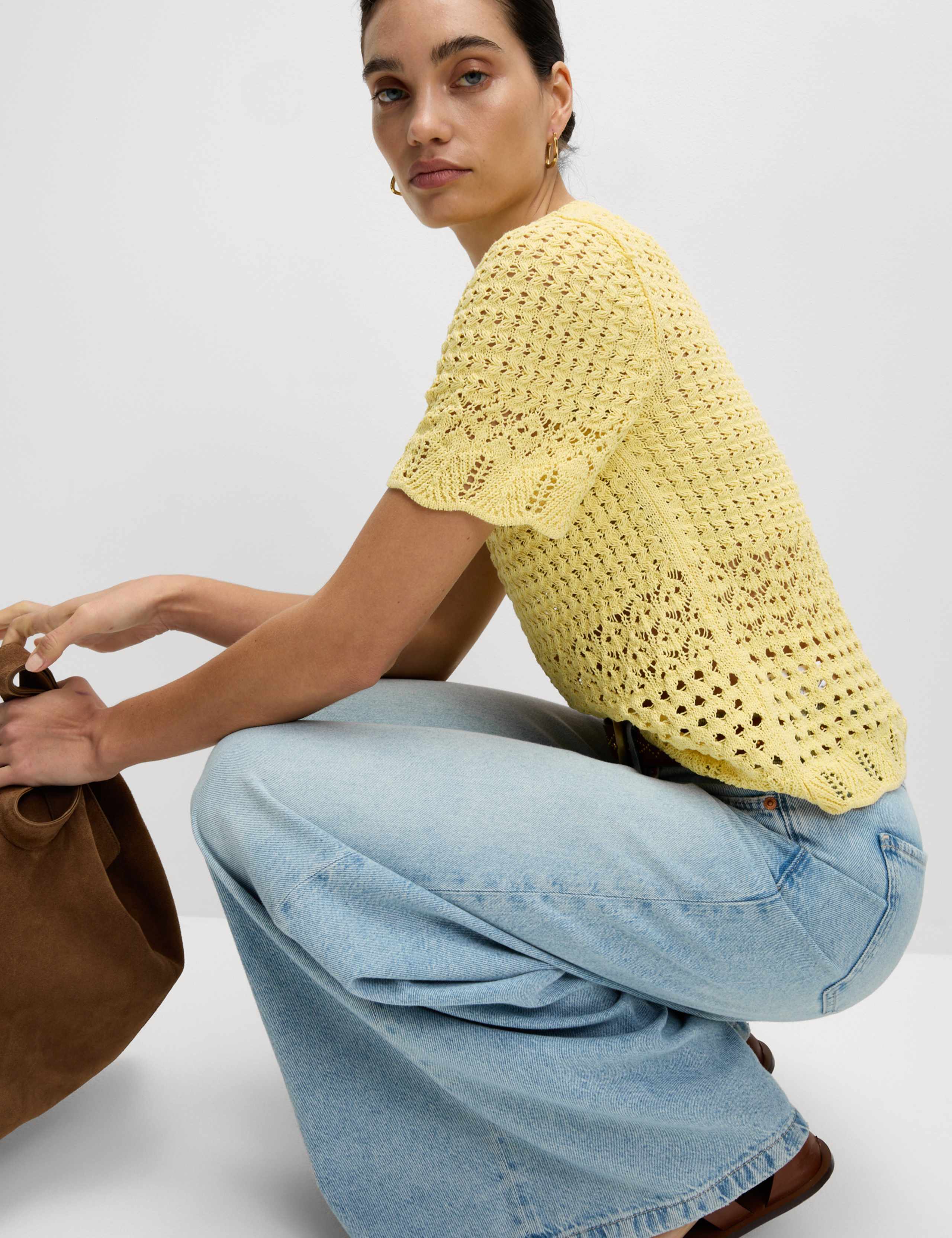 Cotton Blend Pointelle Scallop Edge Knitted Top 3 of 7