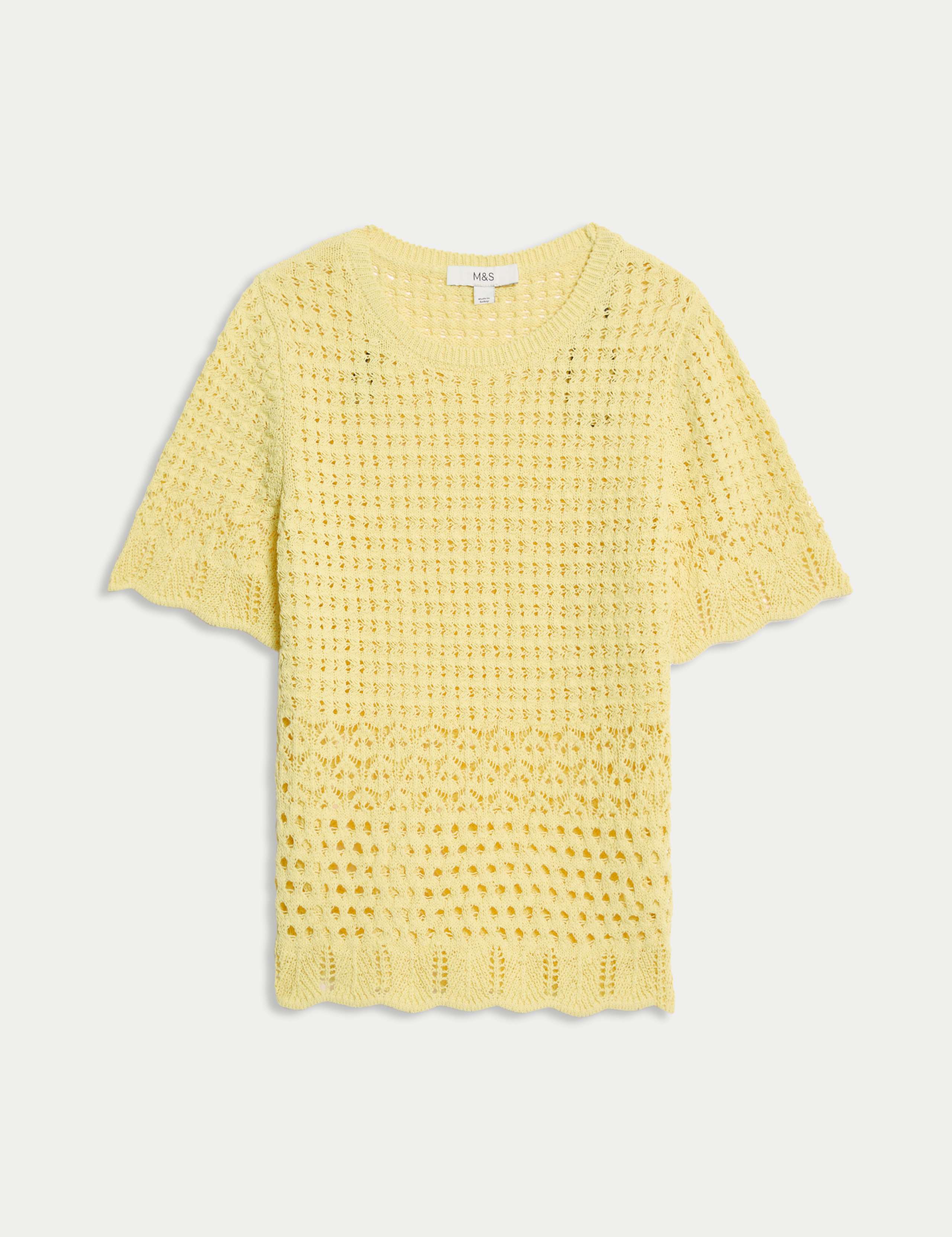 Cotton Blend Pointelle Scallop Edge Knitted Top 2 of 7