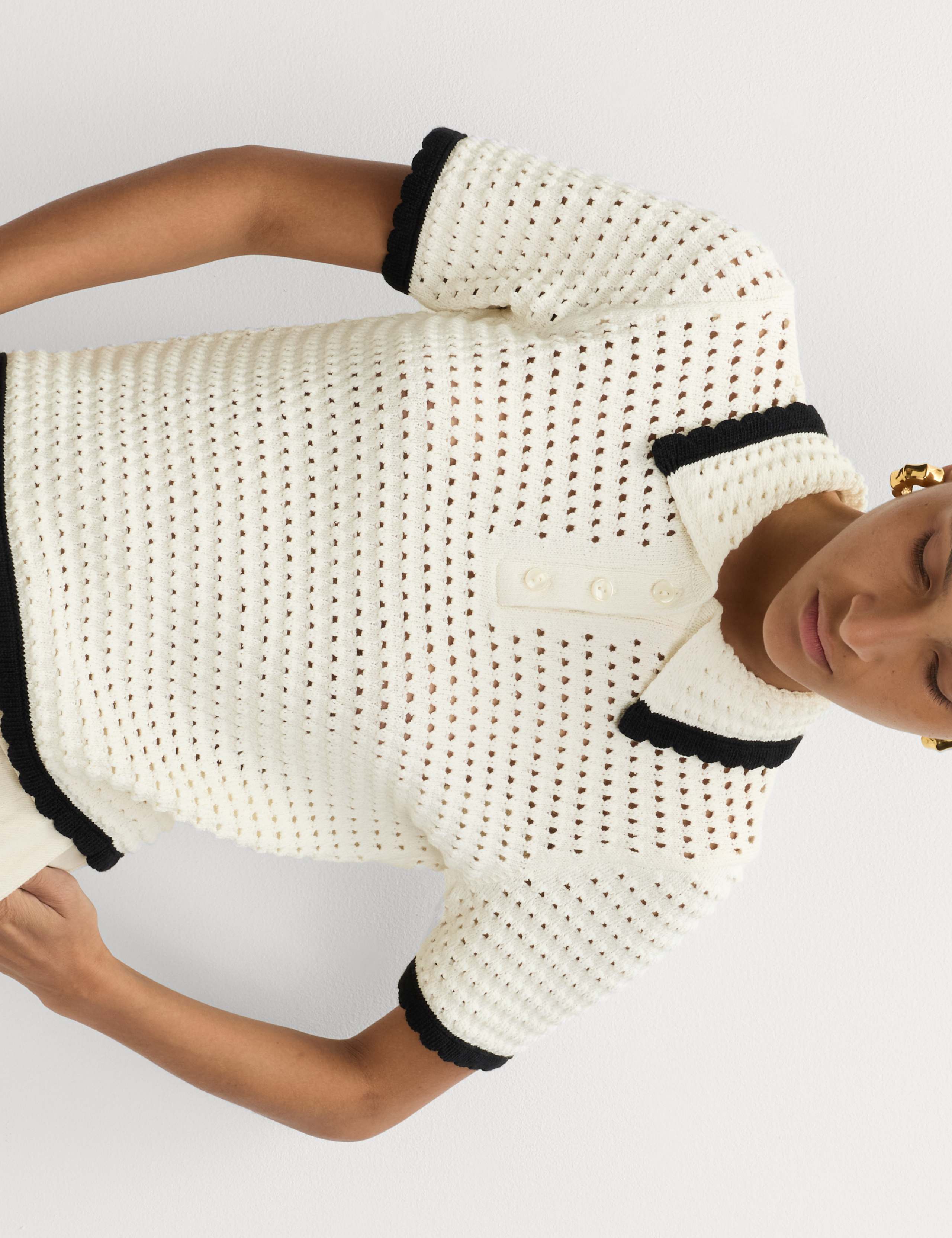Cotton Rich Open Stitch Knitted Polo Top 5 of 7