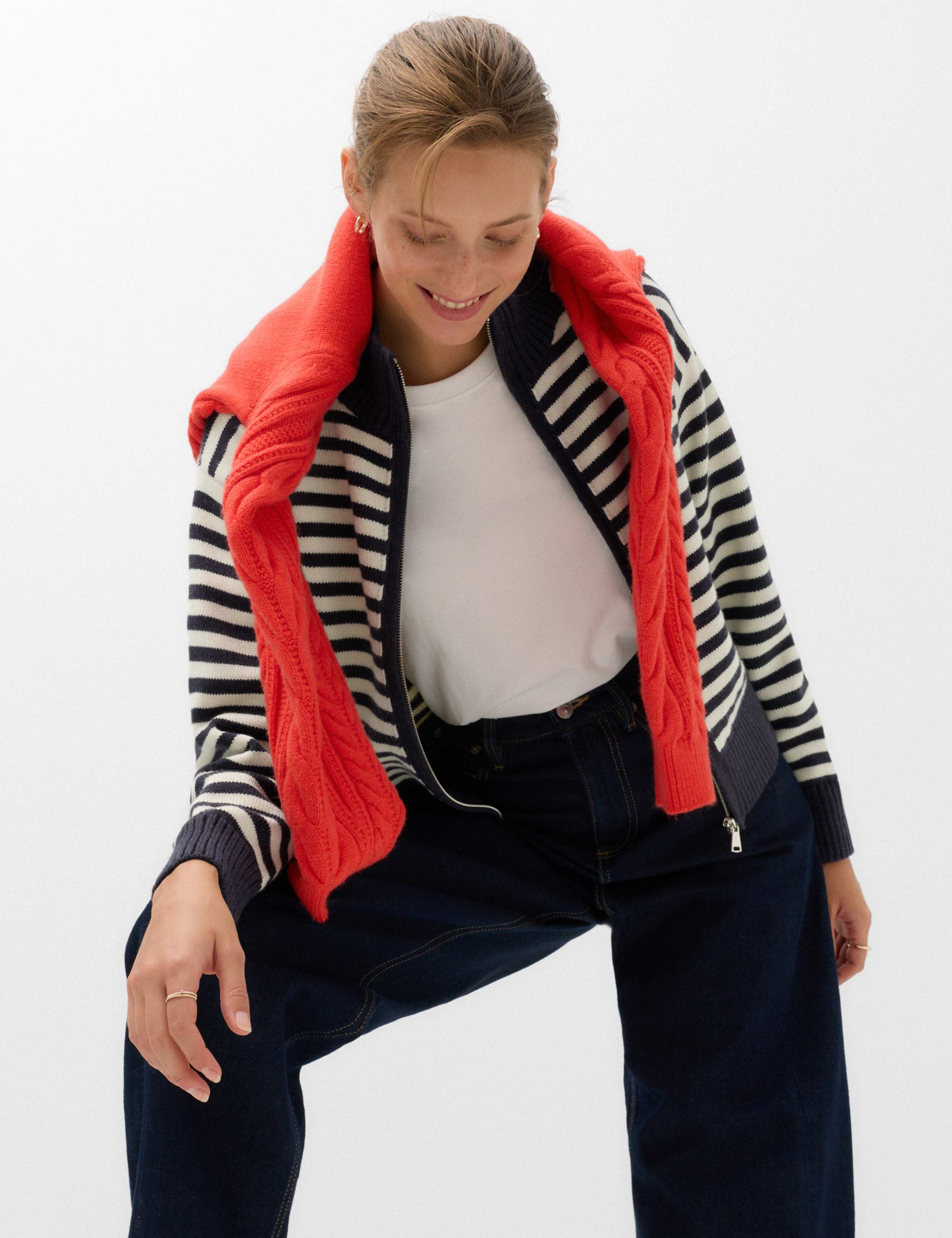 Striped Funnel Neck Zip Up Knitted Jacket With Wool 1 of 5