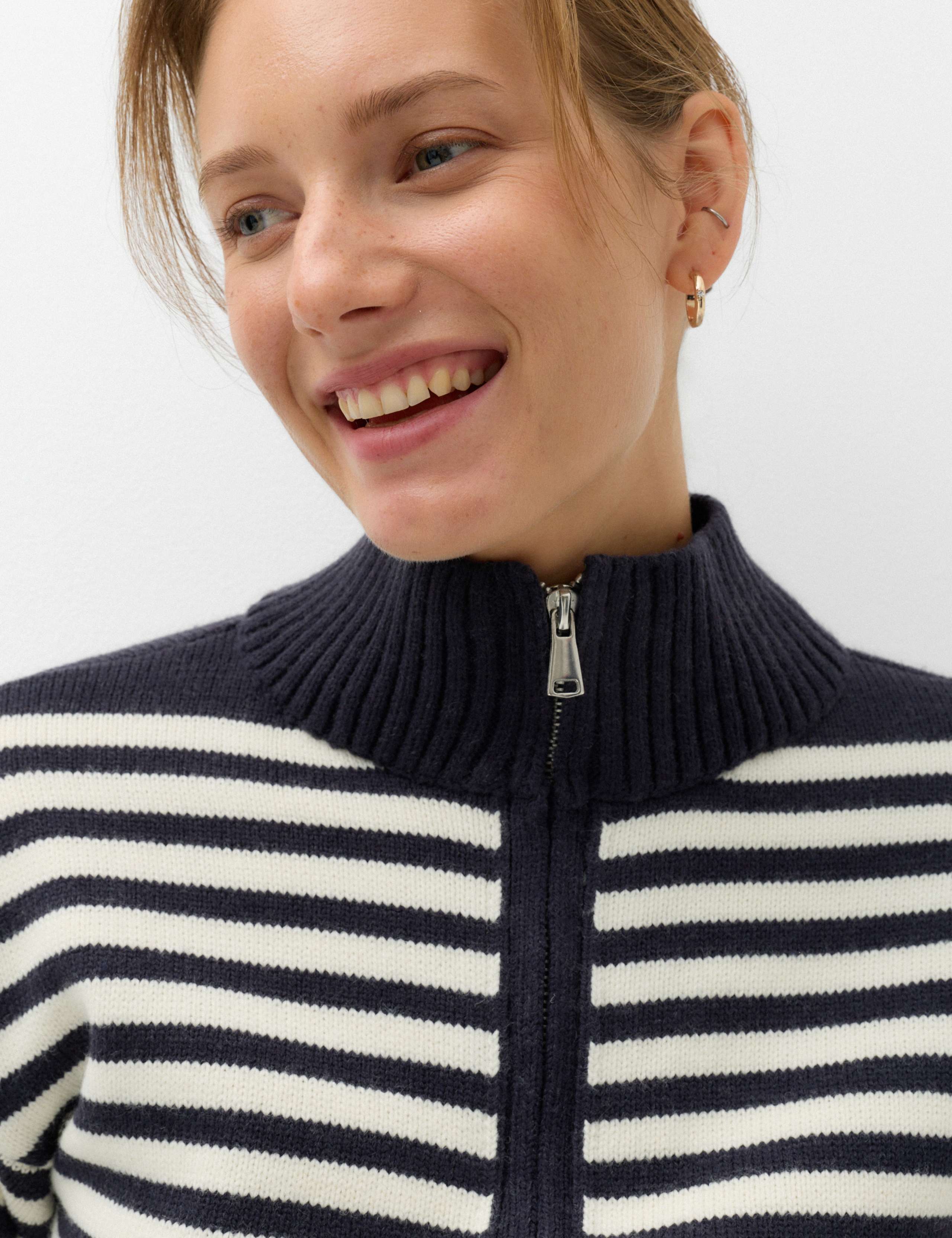 Striped Funnel Neck Zip Up Knitted Jacket With Wool 3 of 5