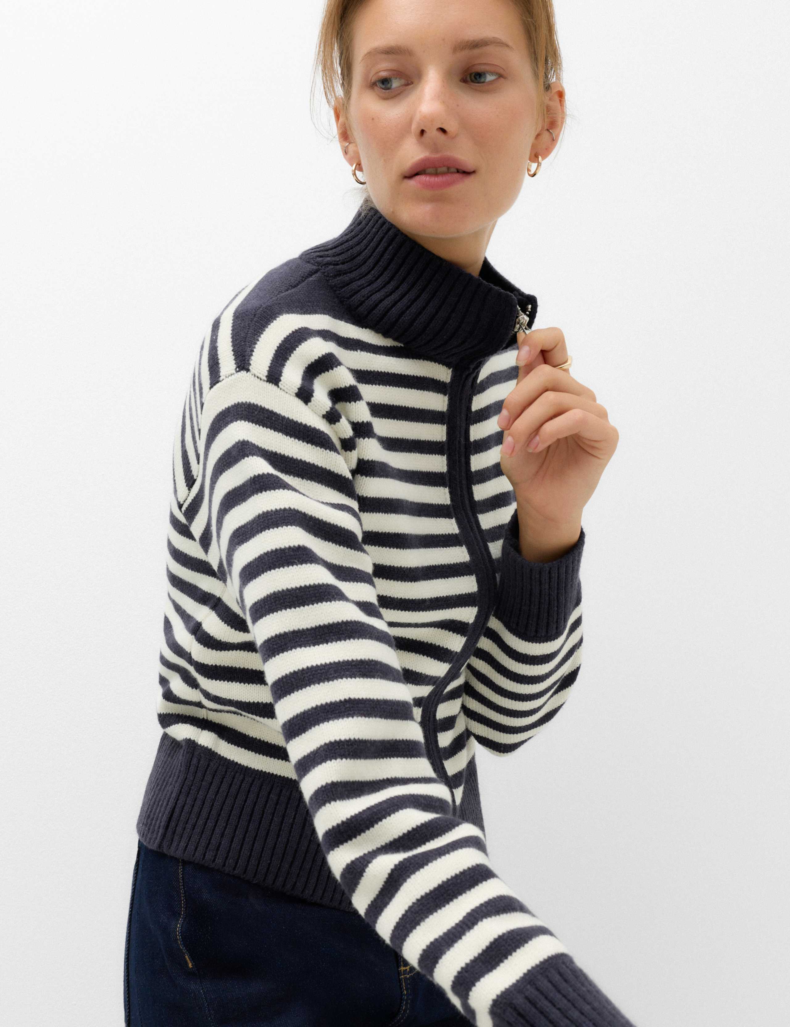 Striped Funnel Neck Zip Up Knitted Jacket With Wool 5 of 5