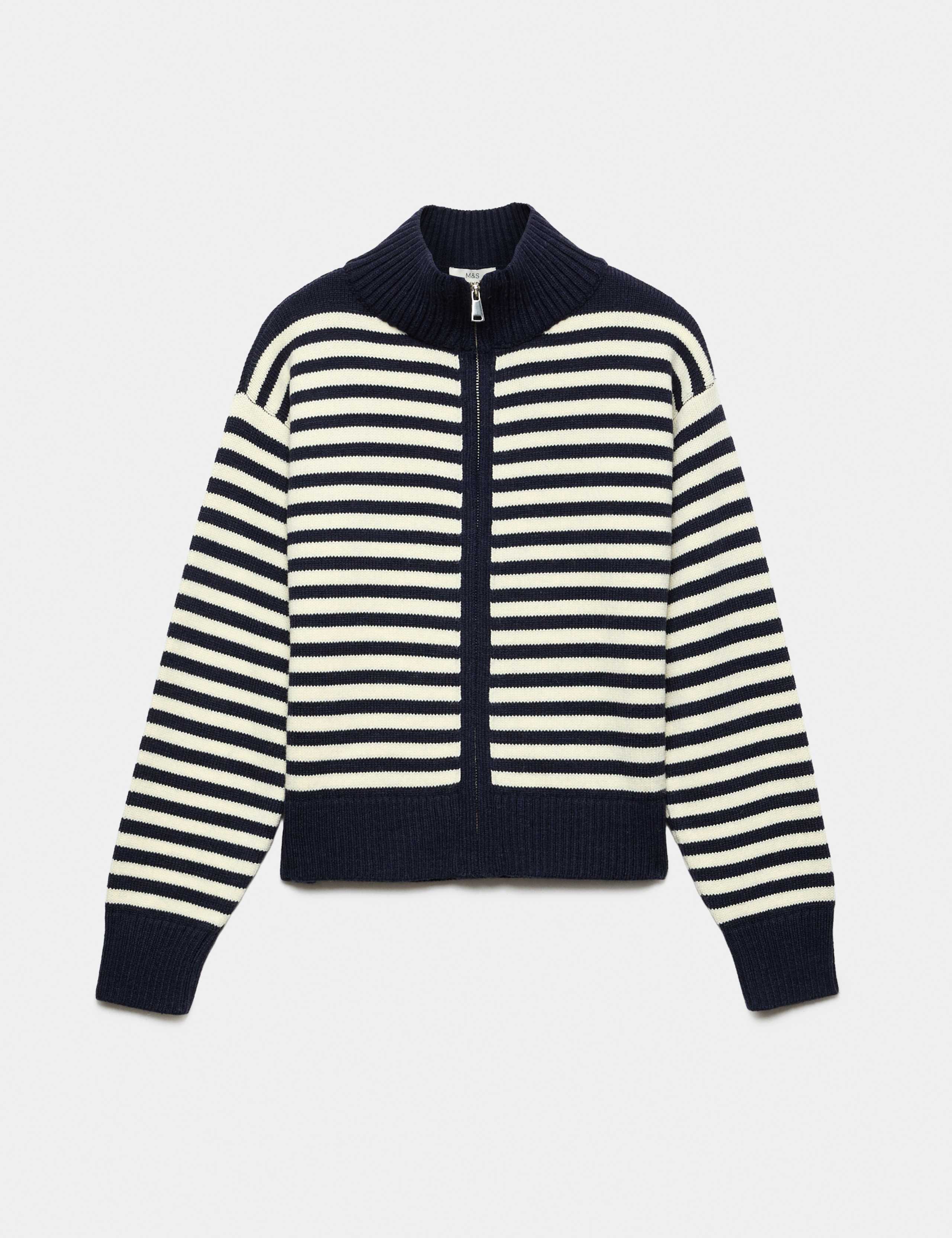 Striped Funnel Neck Zip Up Knitted Jacket With Wool 2 of 5
