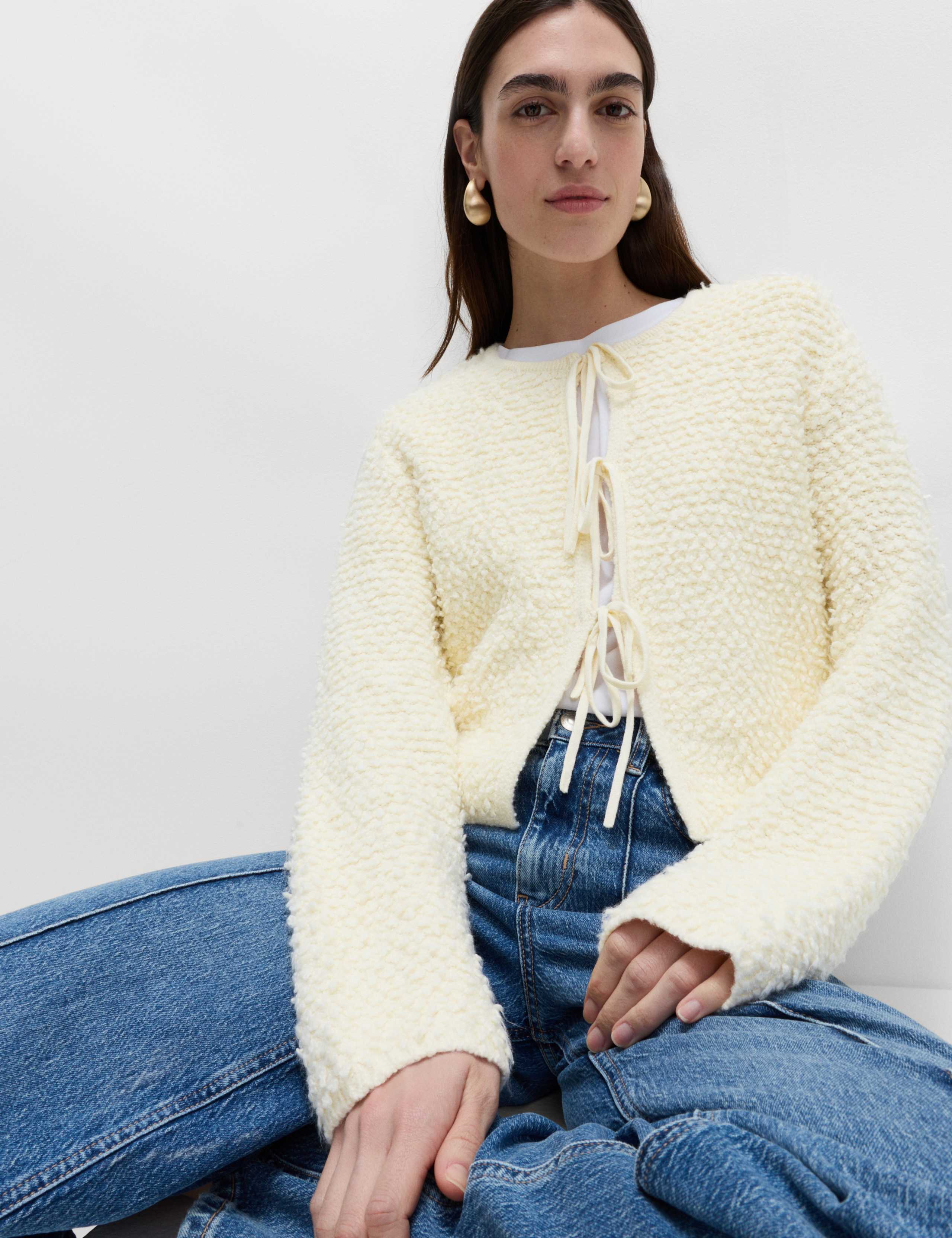 Textured Tie Front Cardigan with Wool 1 of 6