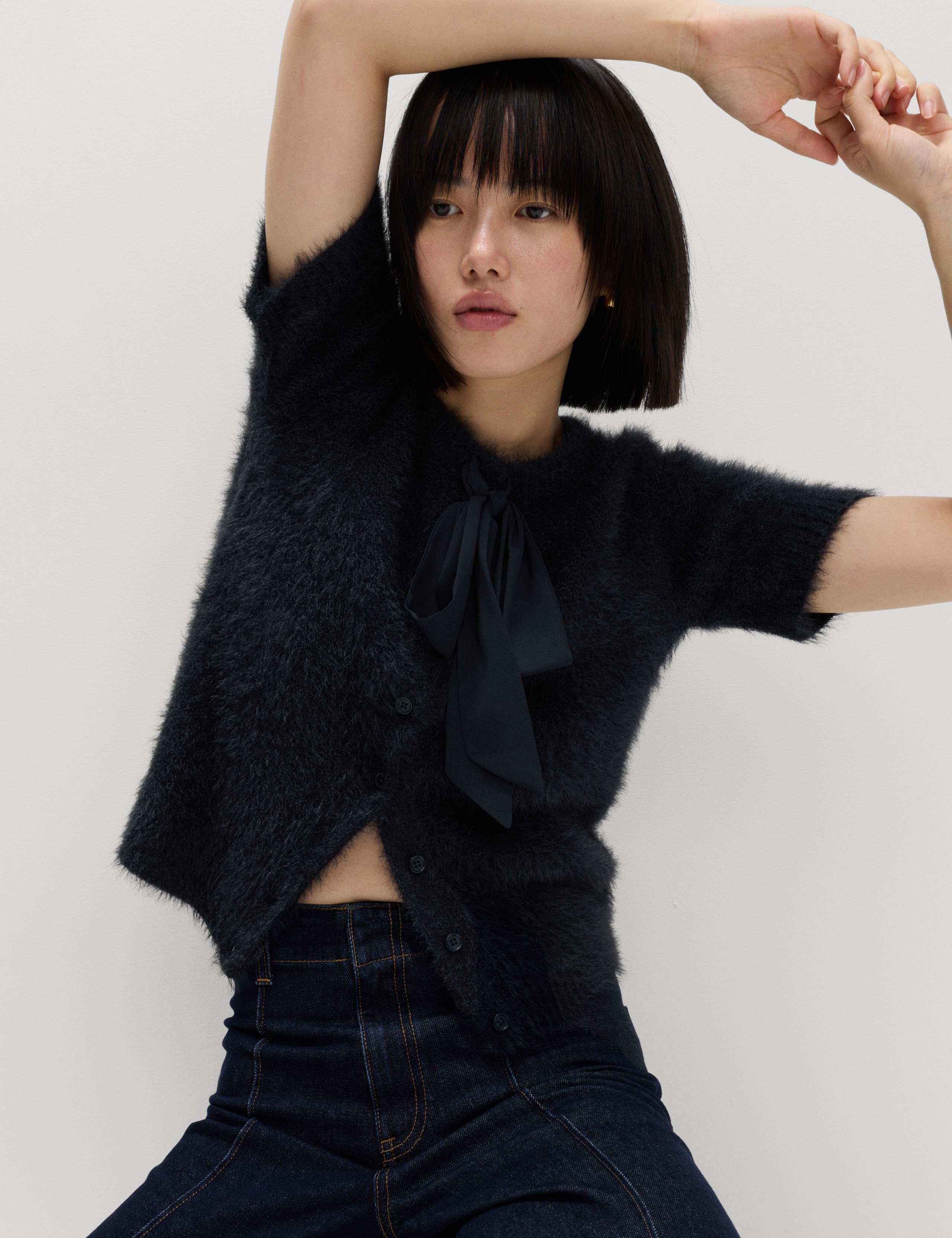 Fuzzy Crew Neck Bow Cardigan 5 of 5