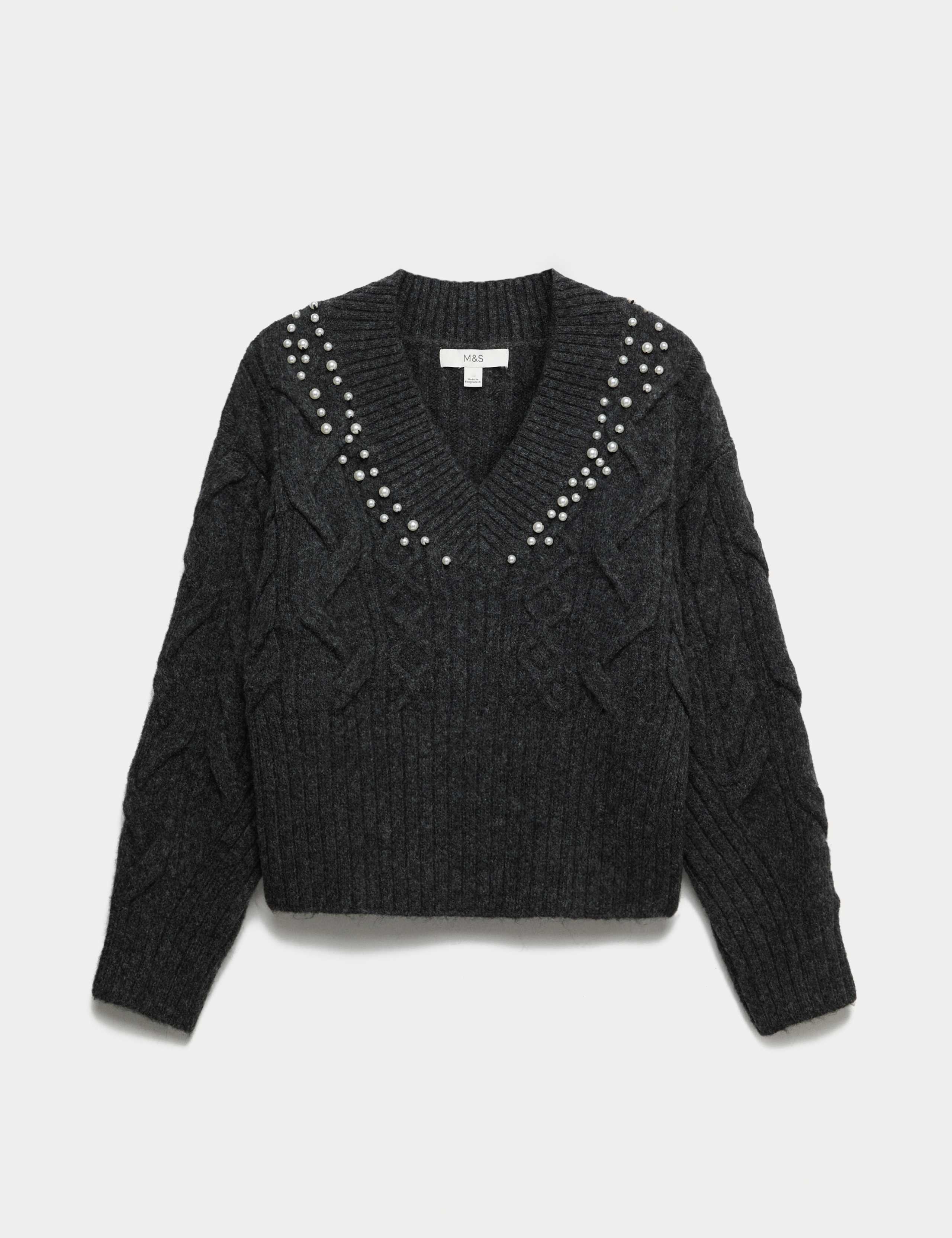 Cable Knit V-Neck Cropped Jumper with Alpaca Wool 2 of 5