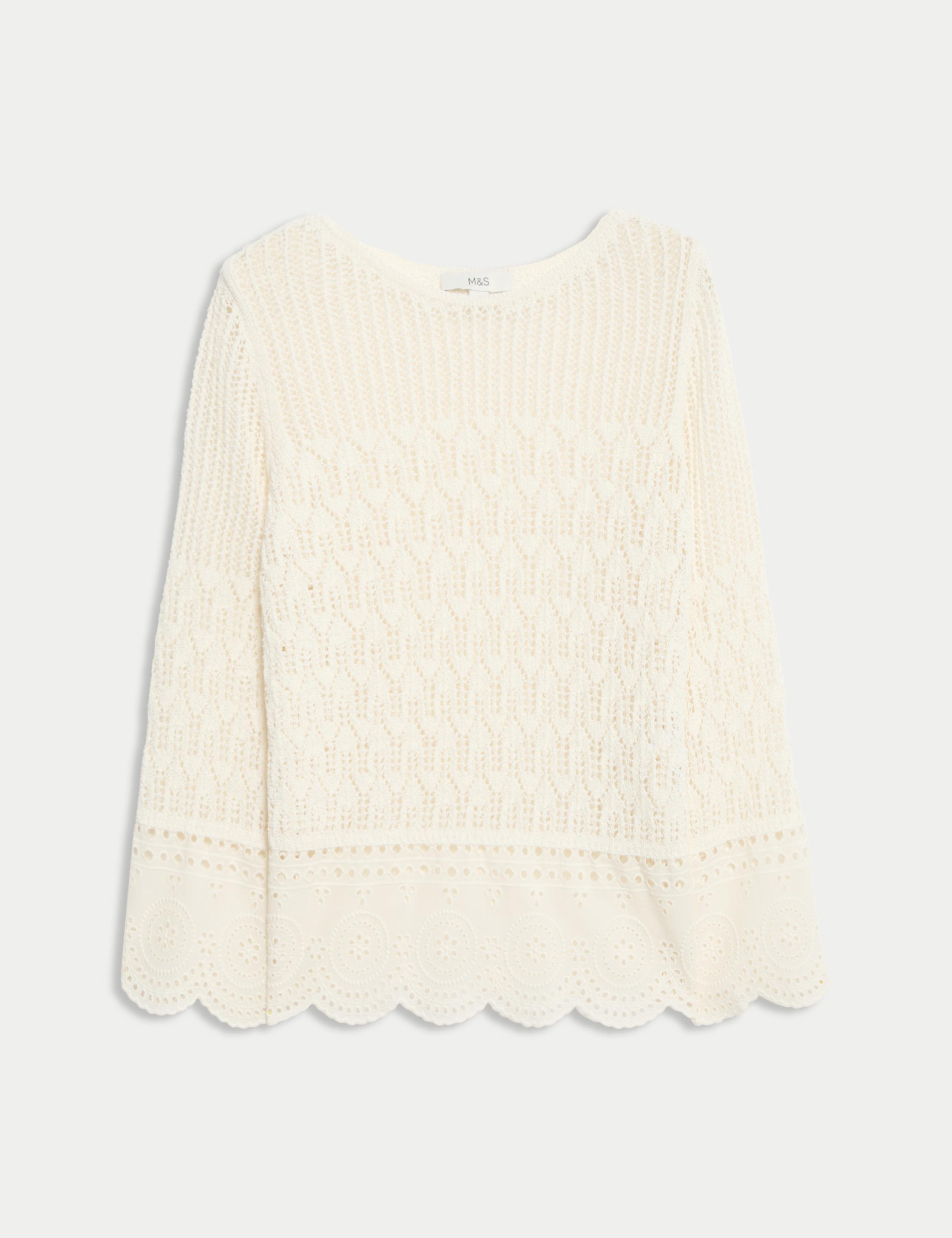 Cotton Rich Pointelle Crew Neck Slim Fit Knitted Top 2 of 5