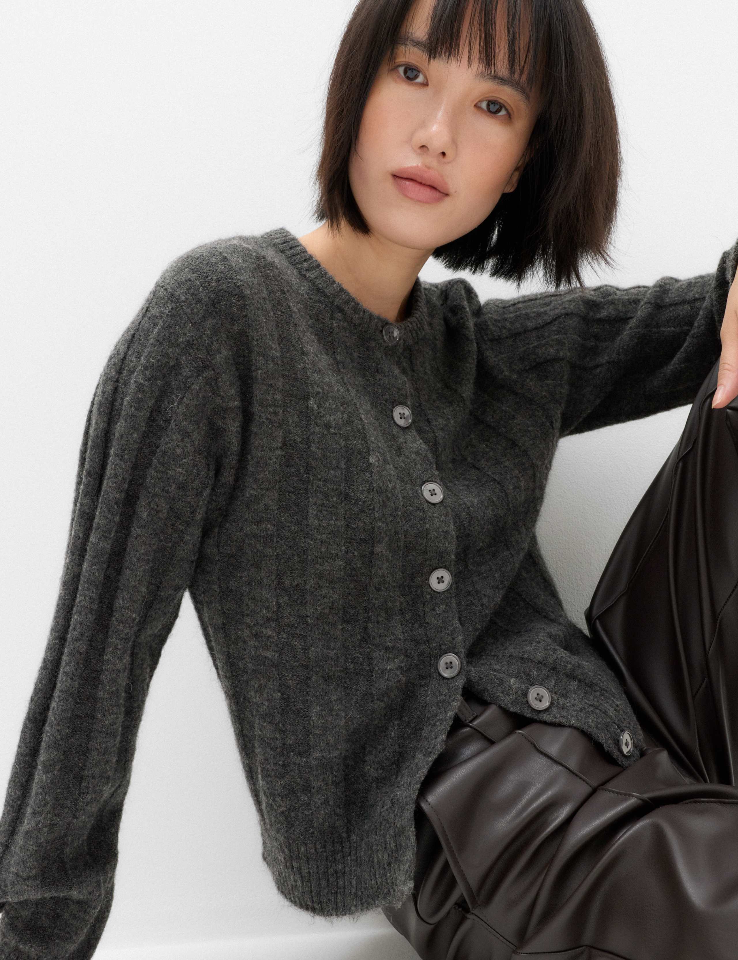 Ribbed Crew Neck Cardigan 1 of 7