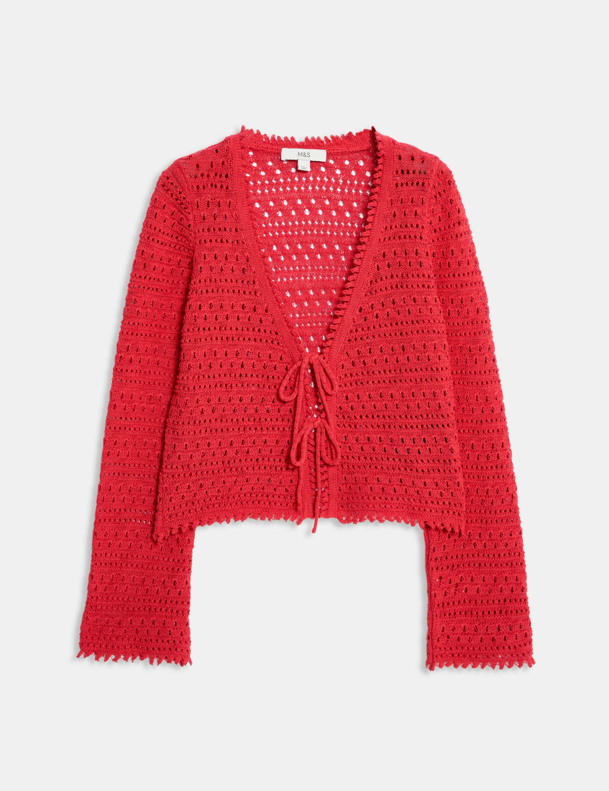 Cotton Blend Pointelle V-Neck Tie Front Cropped Cardigan 1 of 2