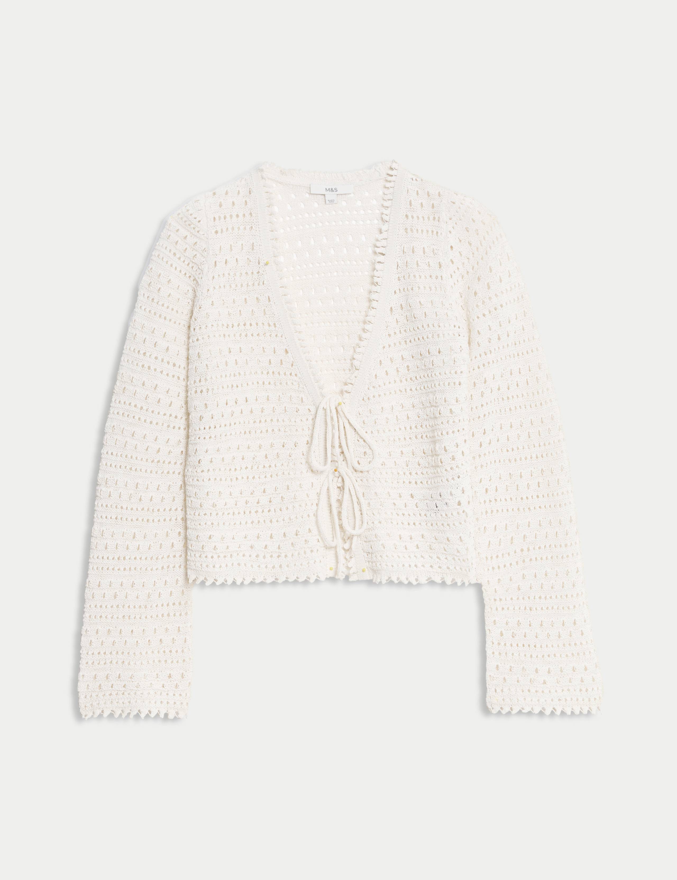 Cotton Blend Pointelle V-Neck Tie Front Cropped Cardigan 2 of 8