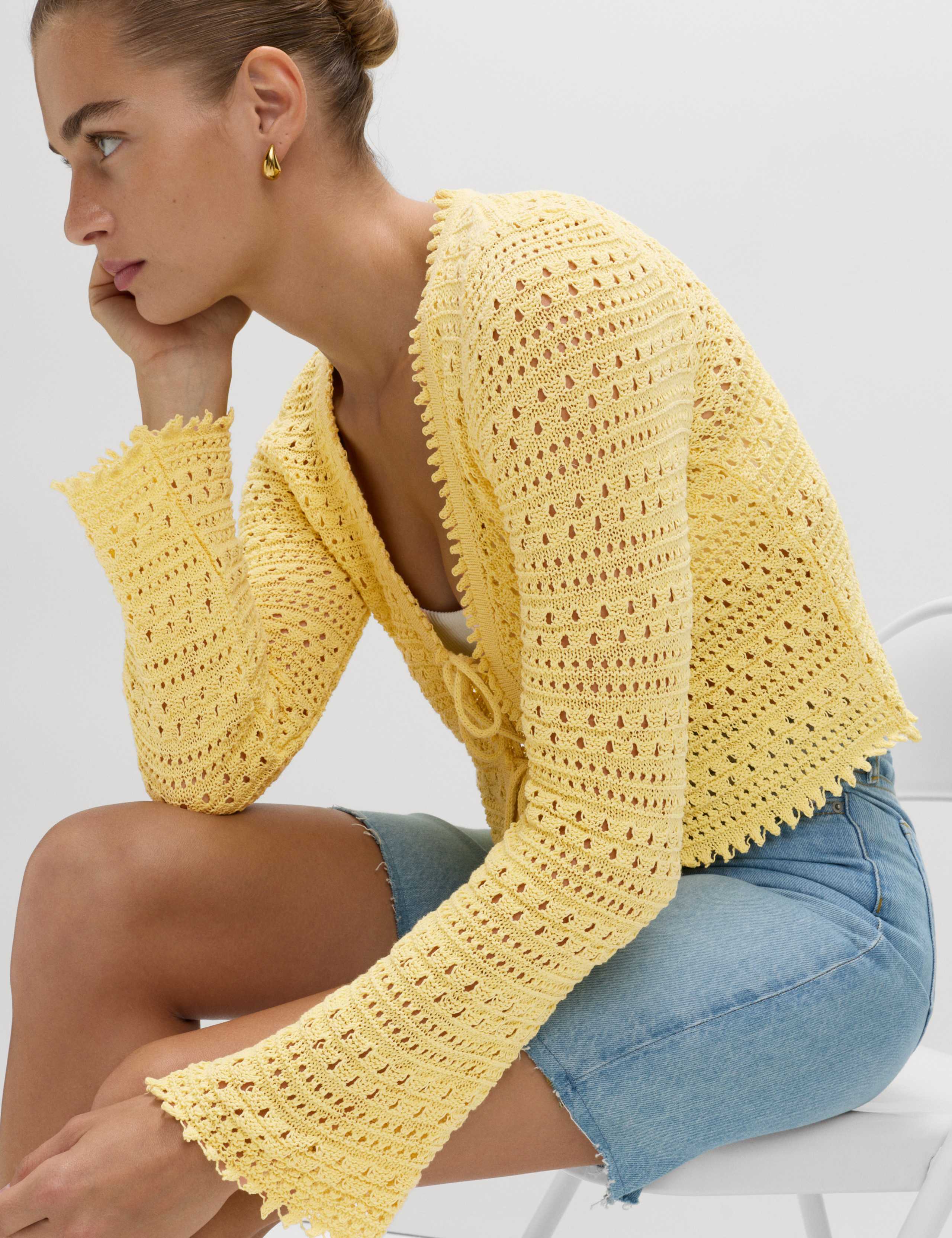 Cotton Blend Pointelle V-Neck Tie Front Cropped Cardigan 1 of 6