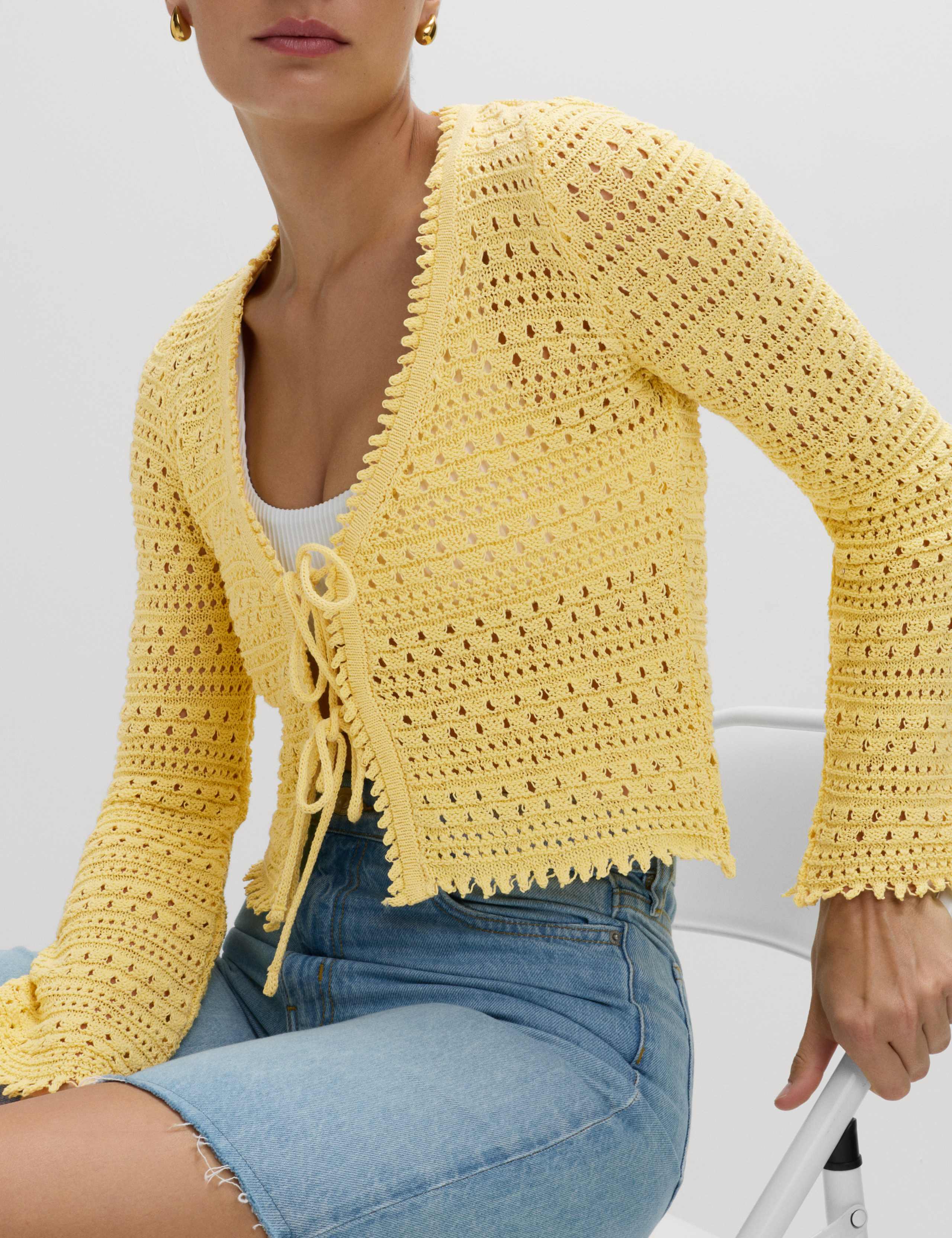 Cotton Blend Pointelle V-Neck Tie Front Cropped Cardigan 4 of 6