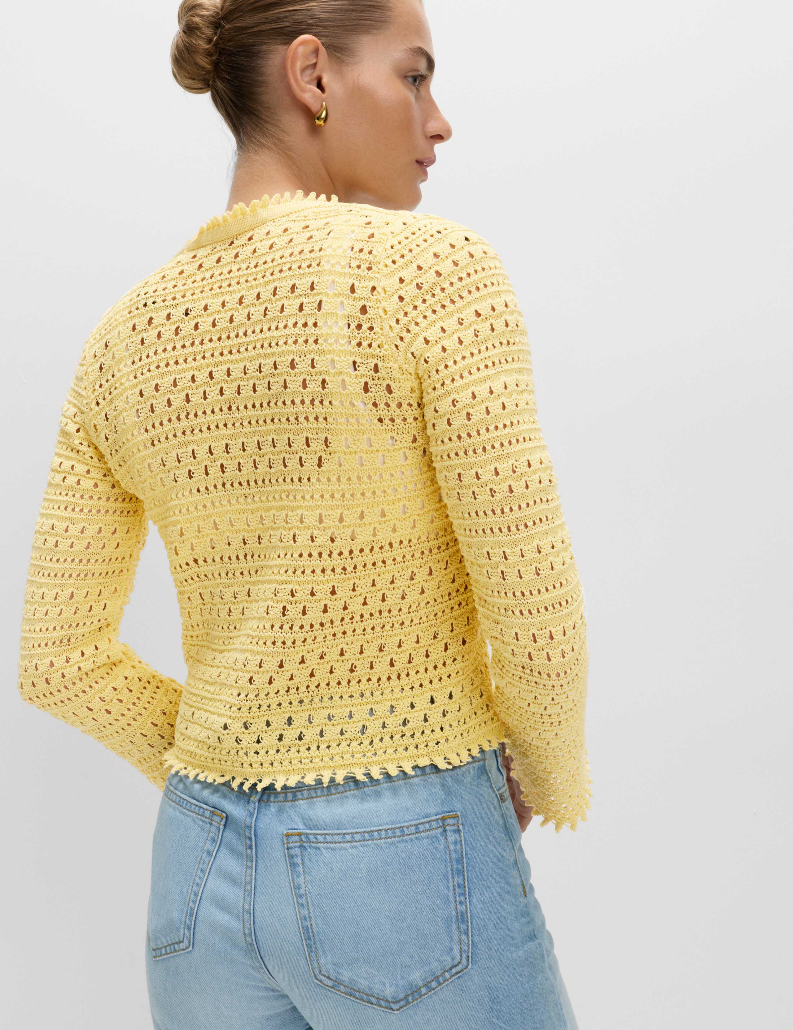 Cotton Blend Pointelle V-Neck Tie Front Cropped Cardigan 5 of 6