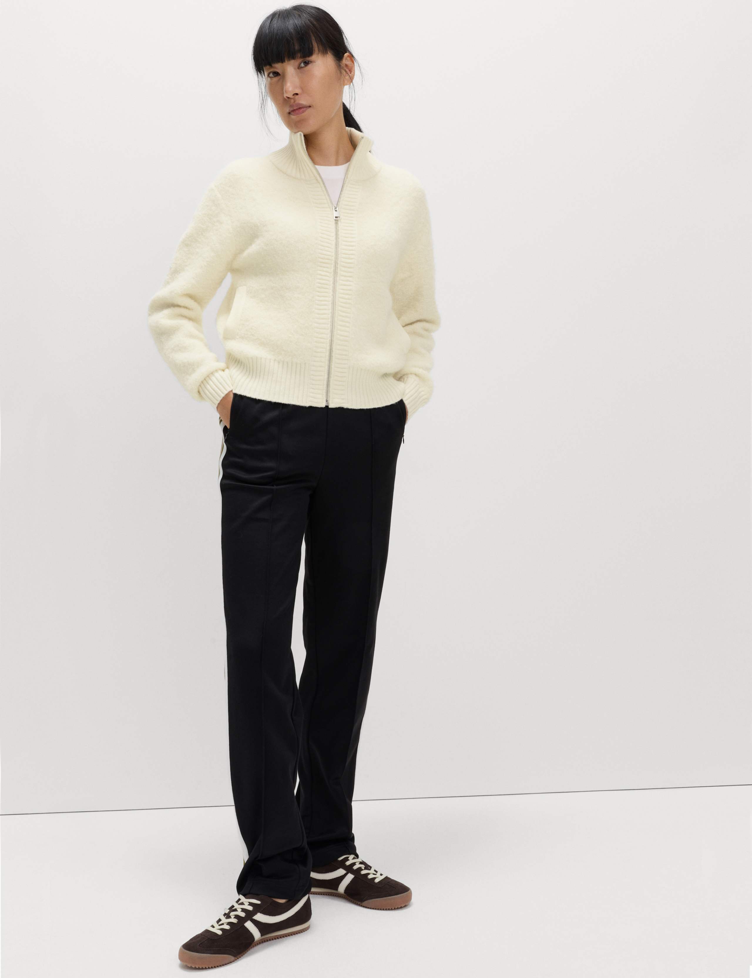 Boucle Funnel Neck Bomber Cardigan with Wool 3 of 5