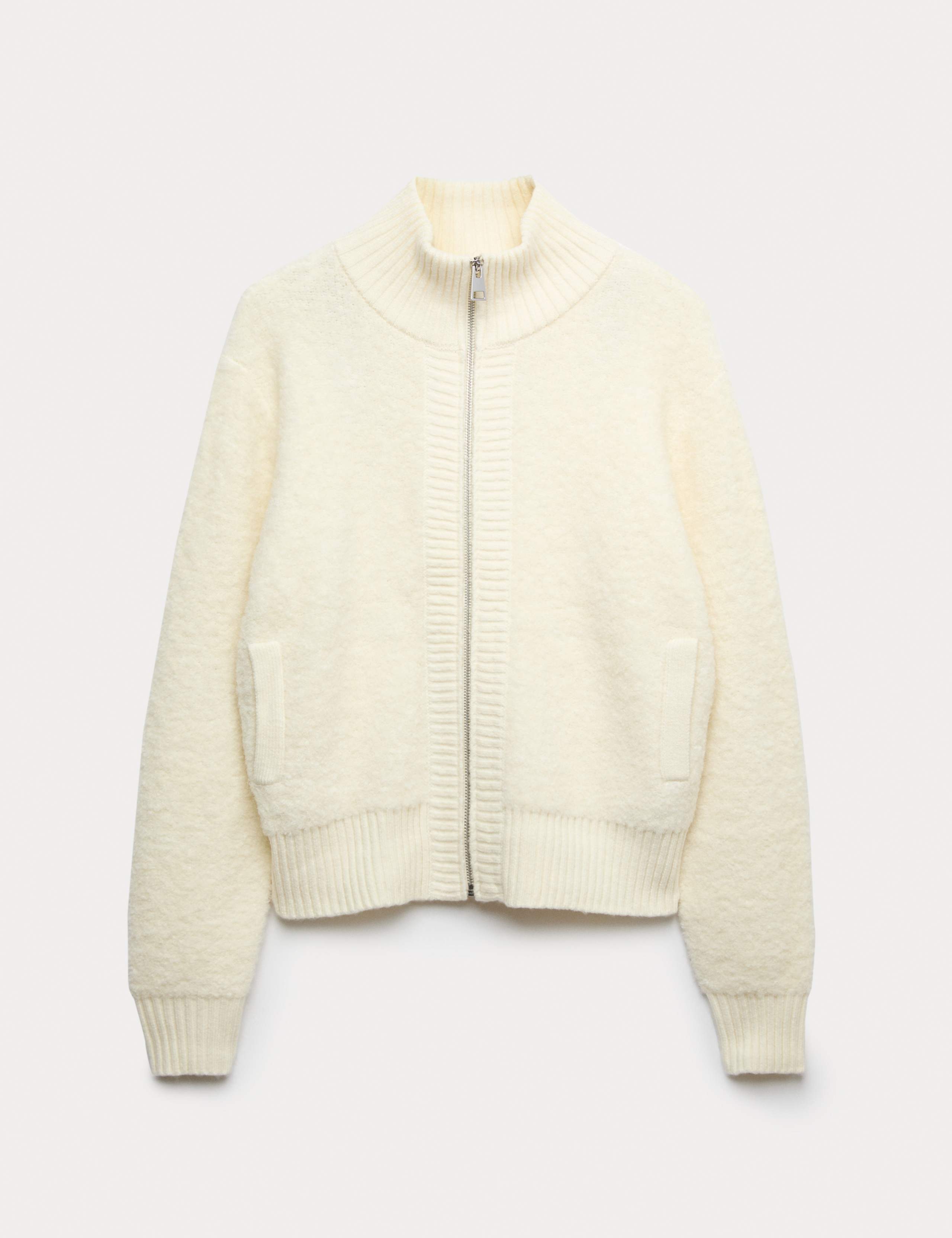 Boucle Funnel Neck Bomber Cardigan with Wool 2 of 5