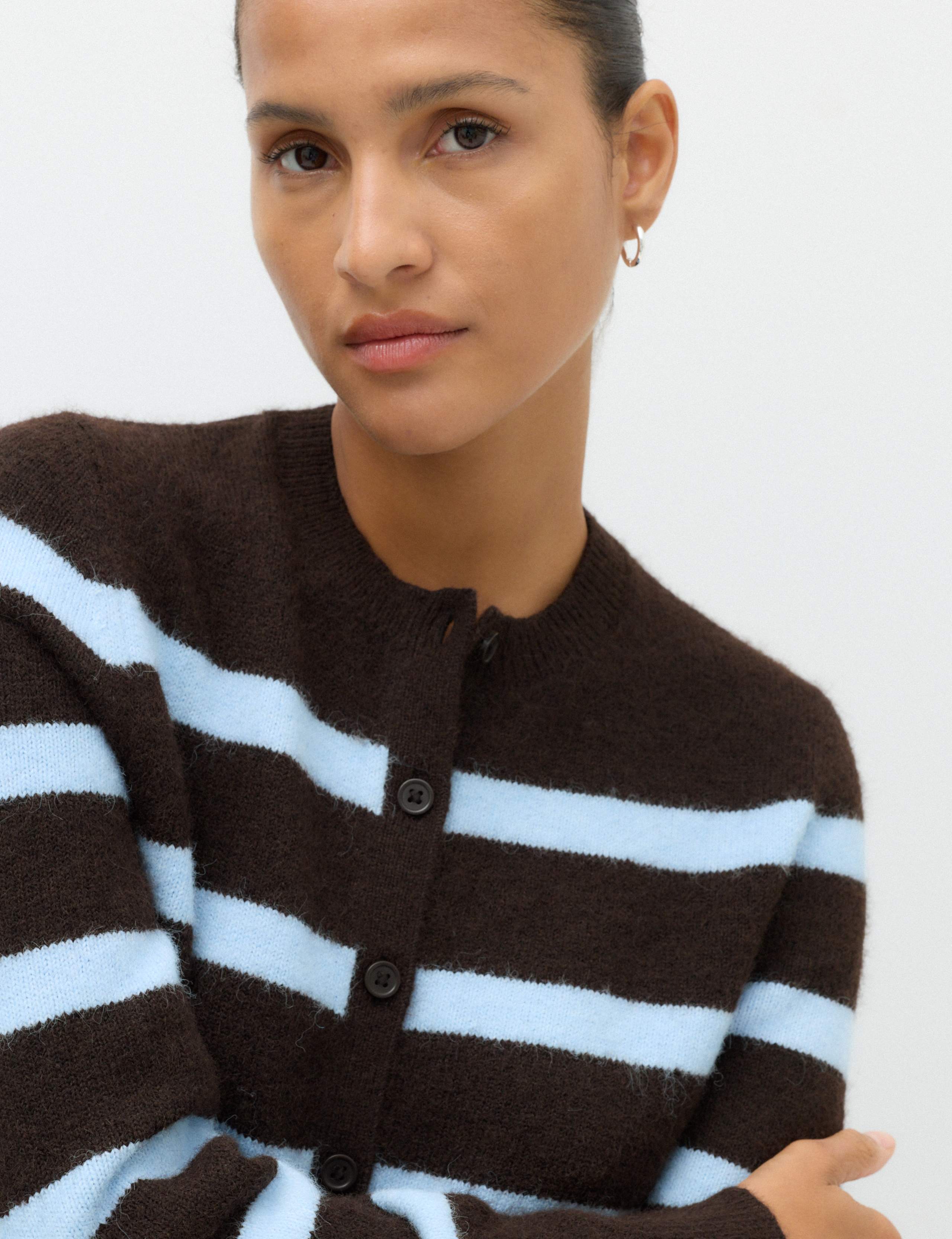 Striped Crew Neck Button Front Slim Fit Cardigan with Wool 3 of 6