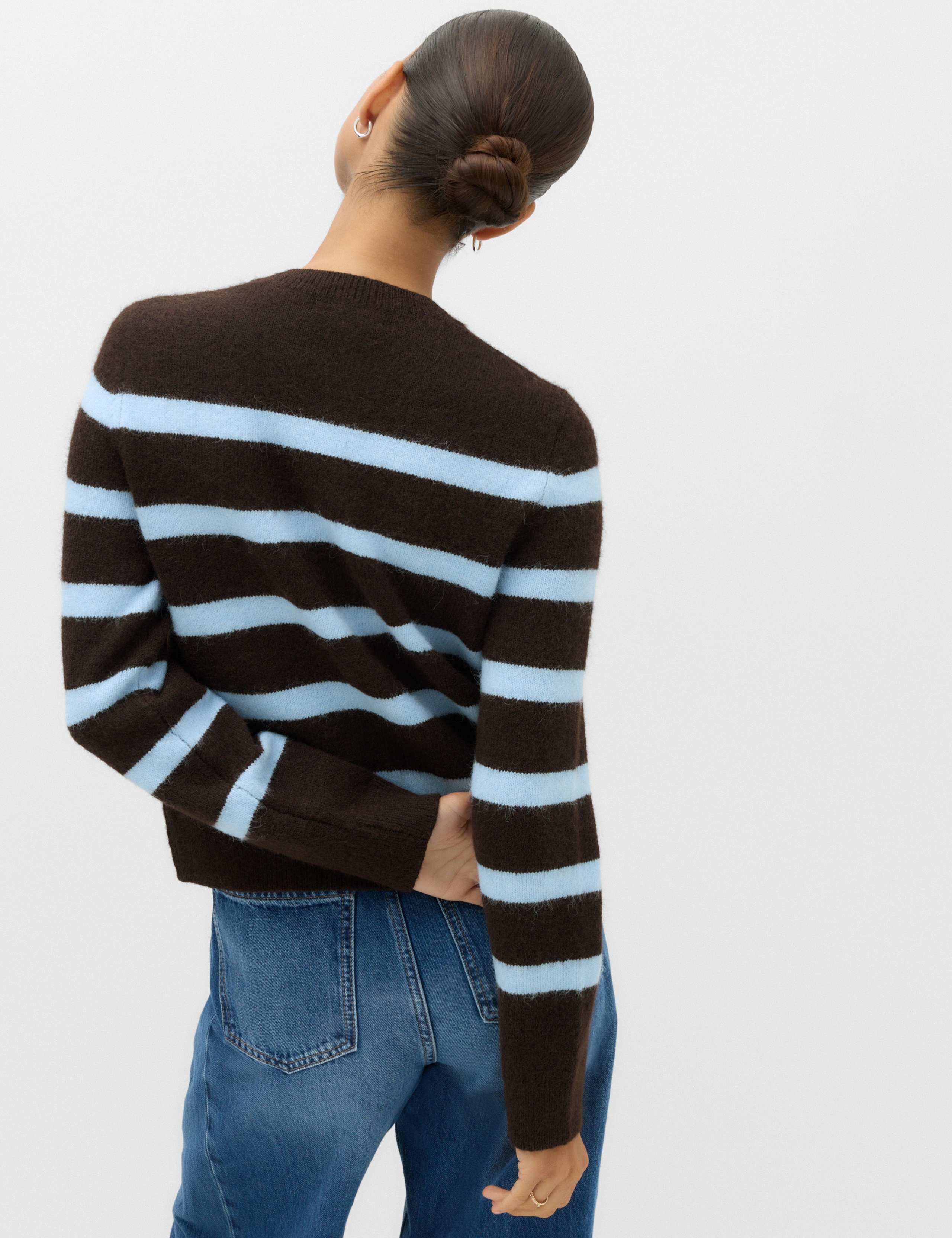 Striped Crew Neck Button Front Slim Fit Cardigan with Wool 4 of 6