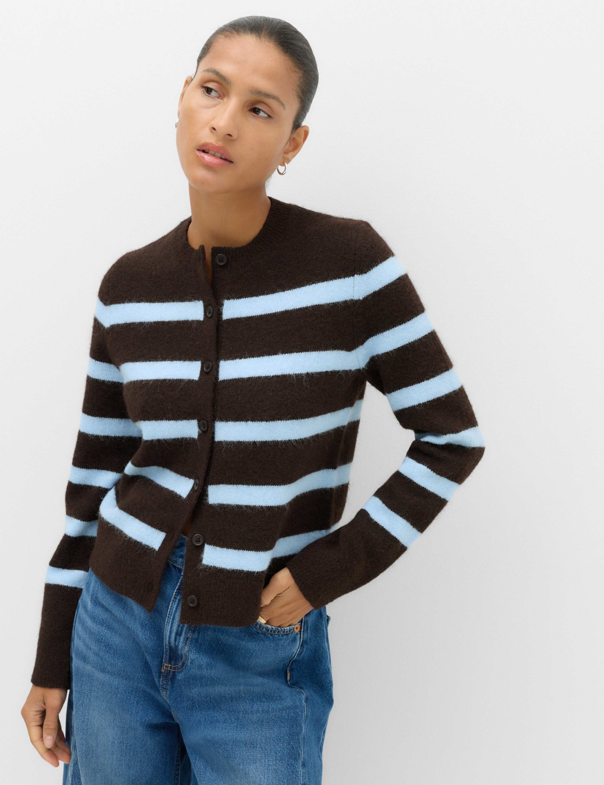Striped Crew Neck Button Front Slim Fit Cardigan with Wool 5 of 6