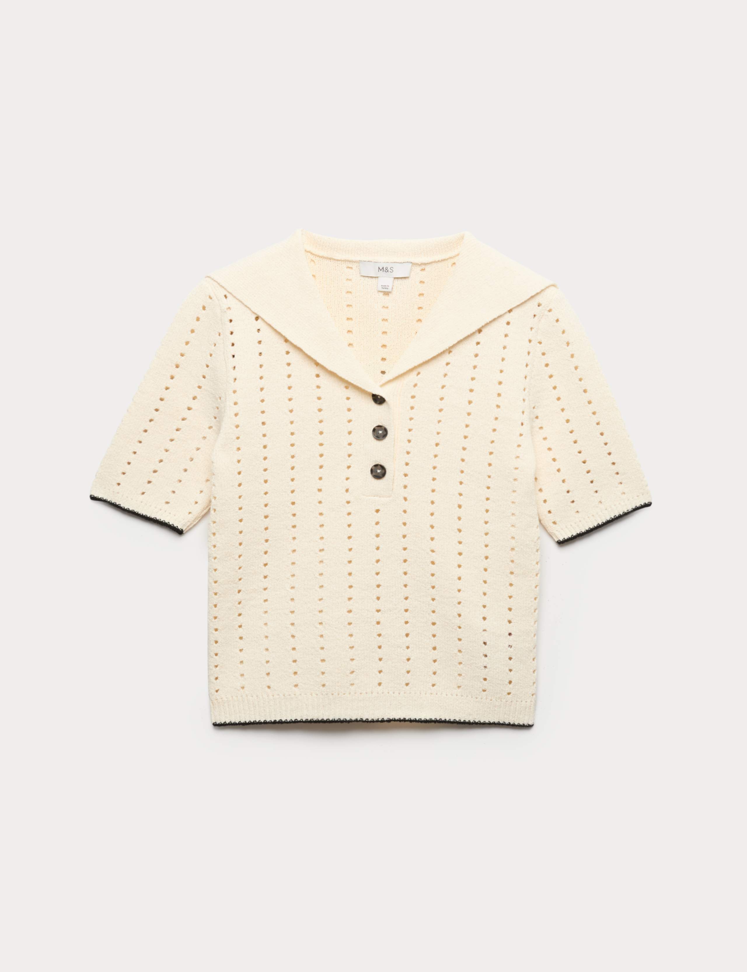 Cotton Rich Pointelle Collared Knitted Top 2 of 6