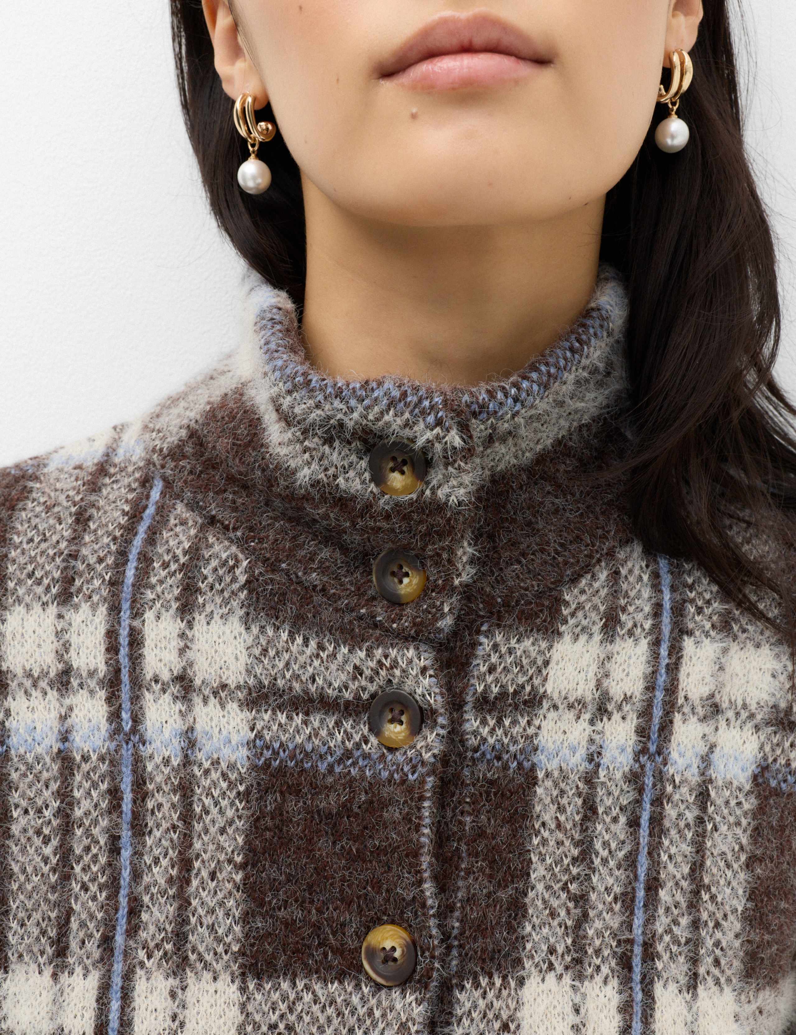 Checked Funnel Neck Relaxed Fit Knitted Jacket 3 of 6
