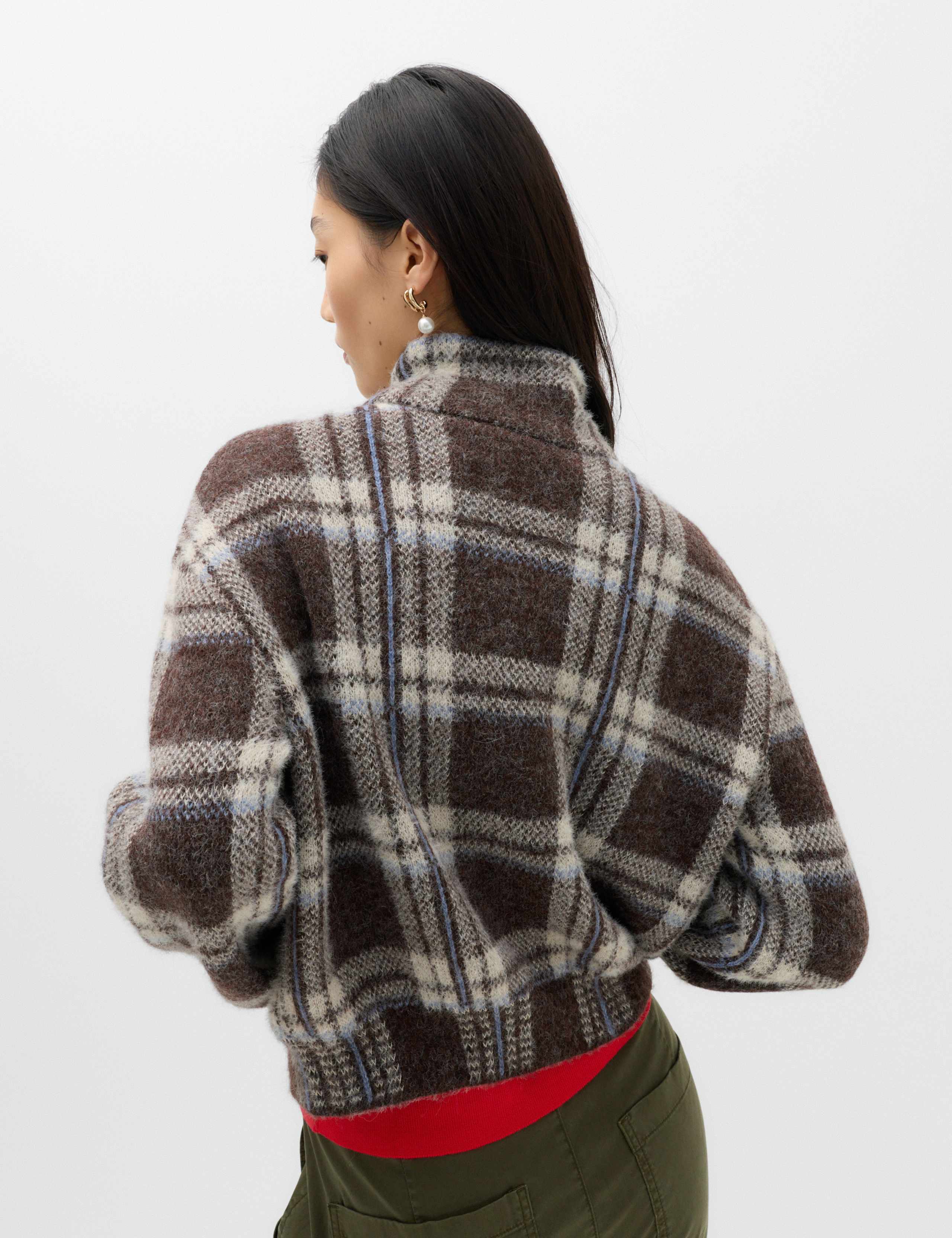 Checked Funnel Neck Relaxed Fit Knitted Jacket 4 of 6
