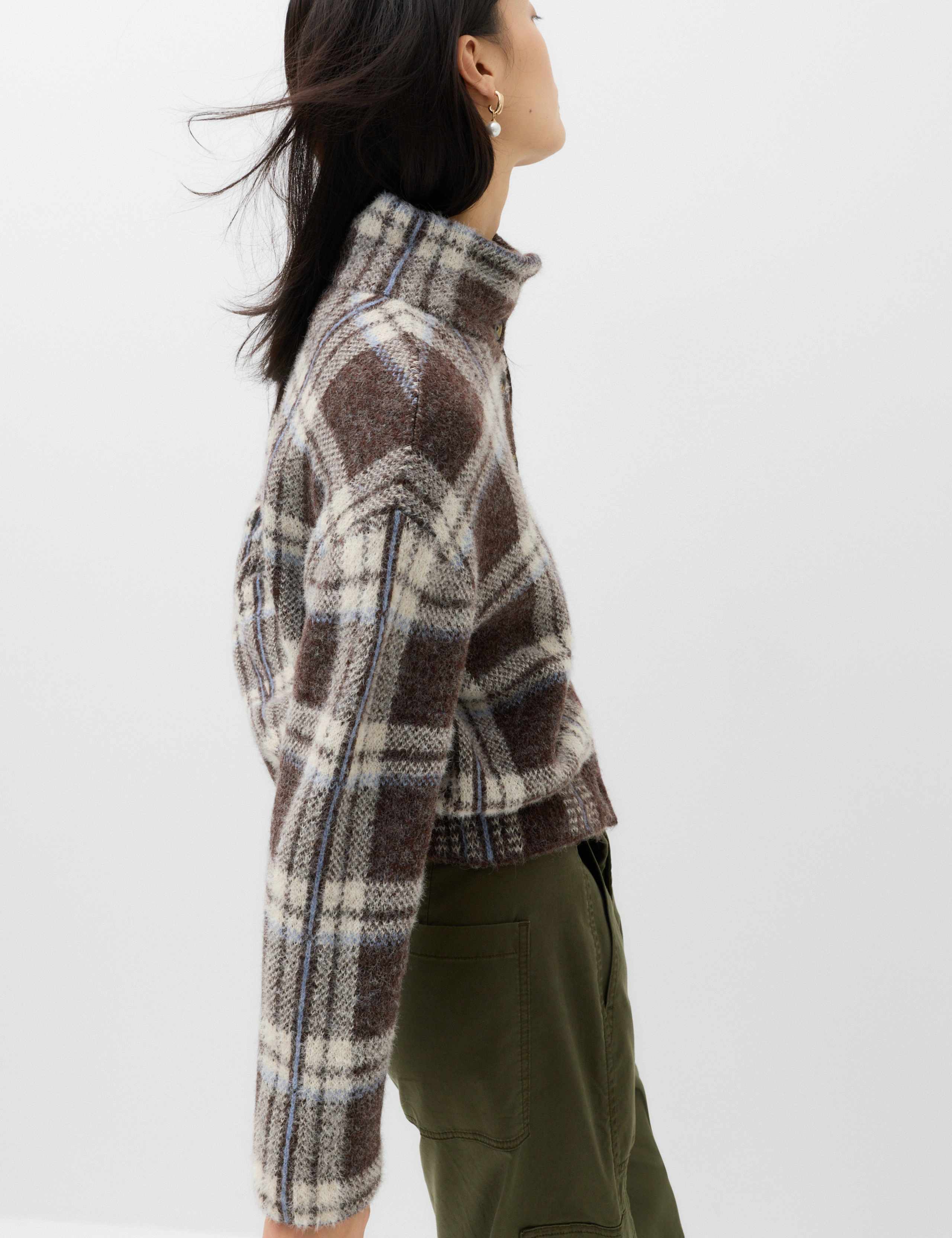 Checked Funnel Neck Relaxed Fit Knitted Jacket 5 of 6
