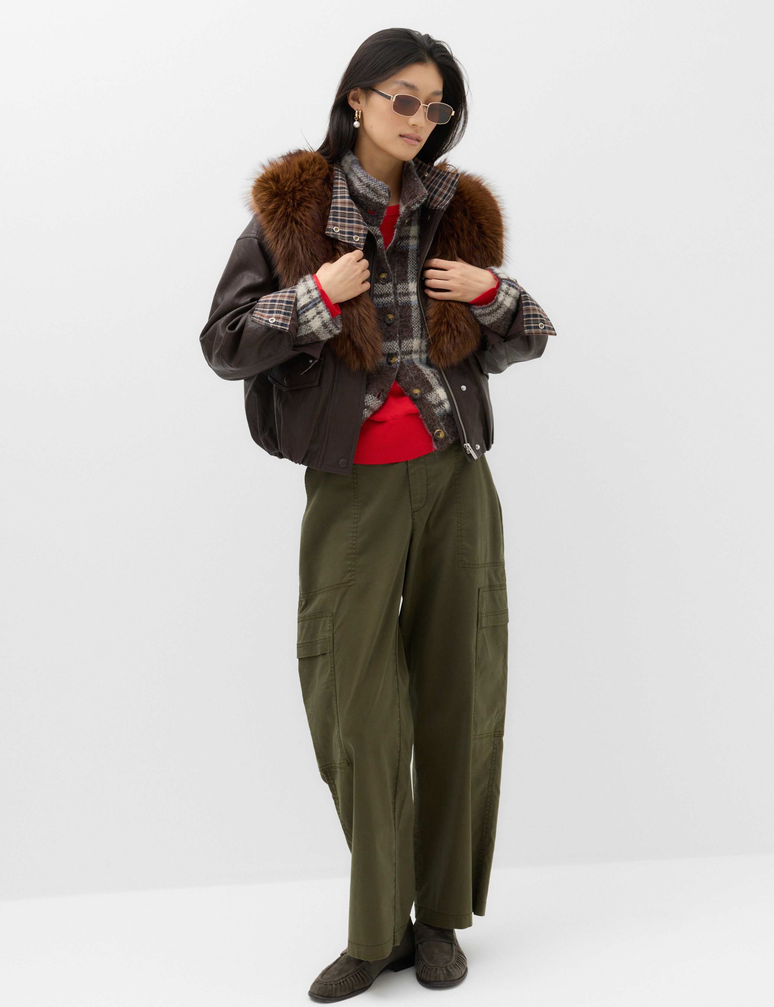 Checked Funnel Neck Relaxed Fit Knitted Jacket 6 of 6